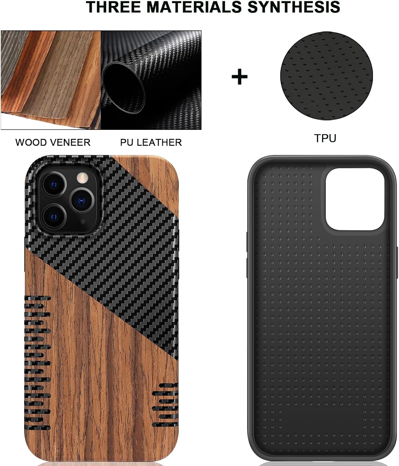 TENDLIN Compatible with iPhone 12 Pro Max Case Wood Grain with Carbon Fiber Texture Design Leather Hybrid Slim Case (Twill) - Image 2
