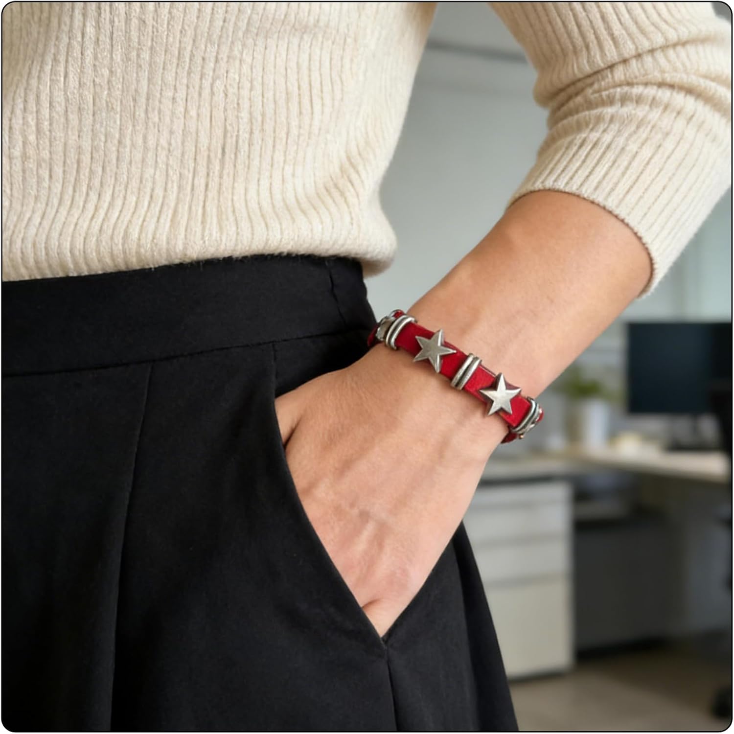 Women's Punk Rock Gothic Biker Adjustable Leather Cuff Bracelet with Star Studded Metal Belt Buckle, Wrap Braided Bangle Band Fashion Jewelry Bracelet