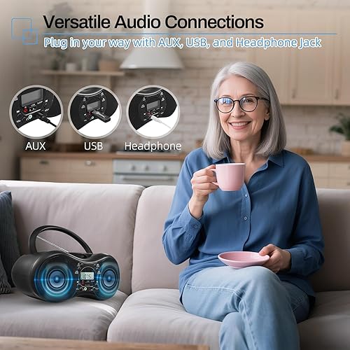 Miniatura 6 de Boombox reproductor de CD portátil para el hogar con radio FM, reproducción de CD-RCD-RWMP3 CDs, control remoto, Bluetooth, puerto USB, entrada