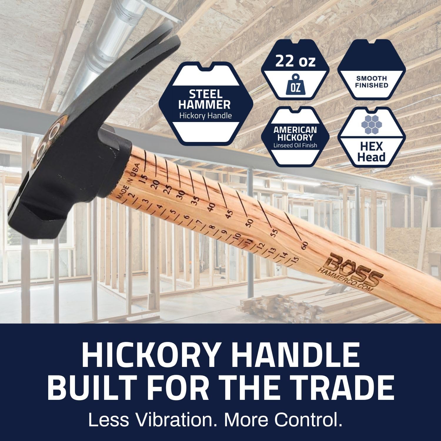 Boss Hammer 22 oz. Premium 4340 Steel Rip Claw Hammer - Tennessee Hickory Handle, Cerakote Finish, Smooth Face - Made in the USA - BH22STHI18S