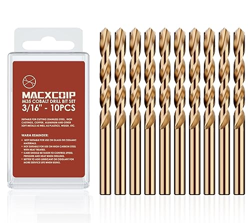 MACXCOIP-Juego de 10 brocas de cobalto M35 de 316 pulg, acero de alta vel., longitud jobber, pmetal endurecidoacero inoxidablehierro fundidomadera y