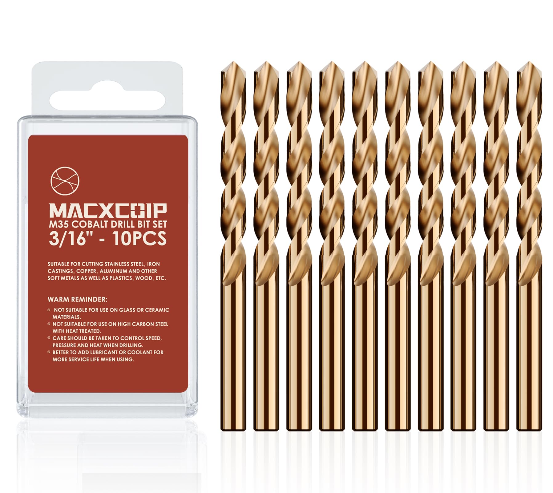 MACXCOIP 3/16" (10pcs) Cobalt Drill Bit Set, M35 High Speed Steel Jobber Length Drill Bit Kit for Hardened Metal, Stainless Steel, Cast Iron, Wood and
