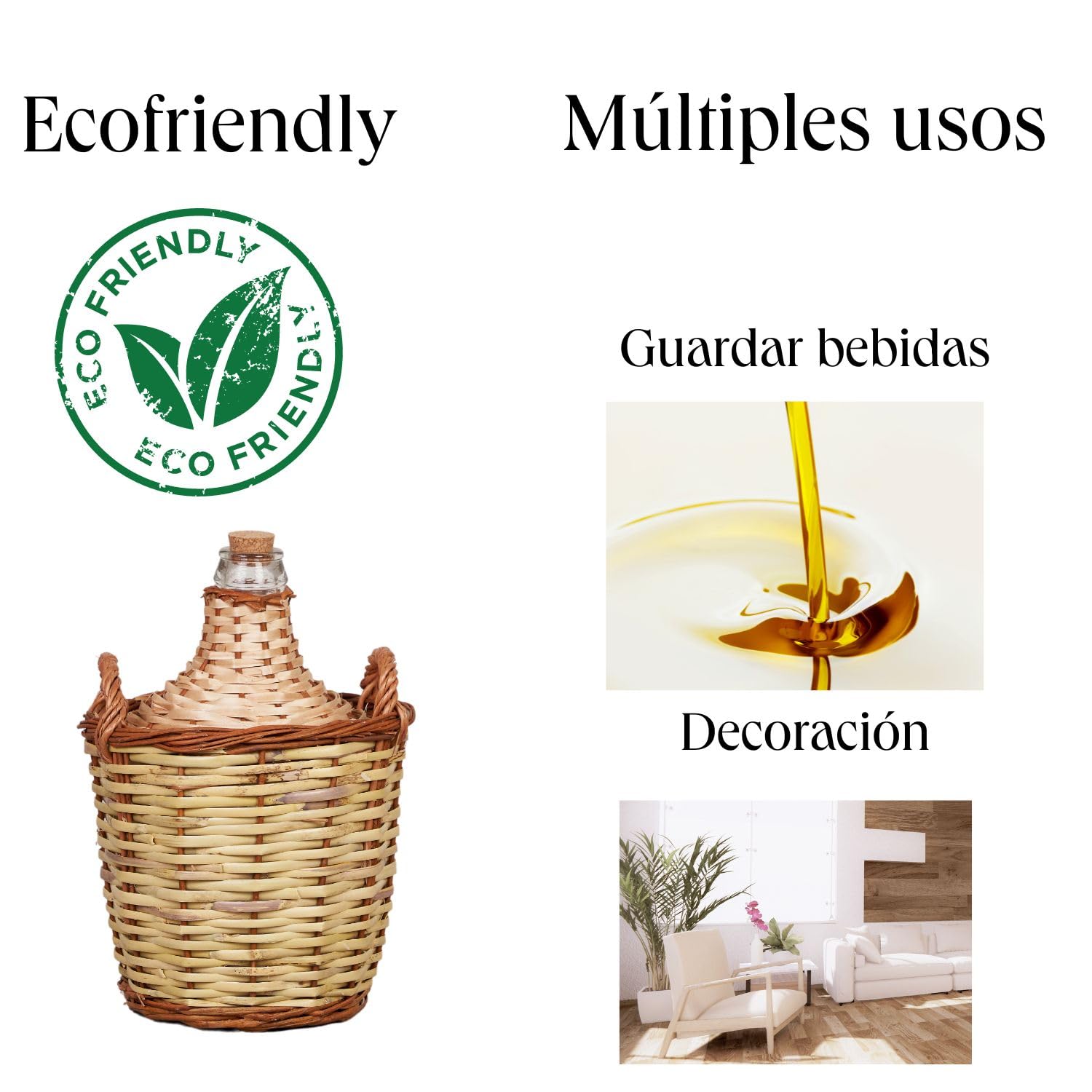Garrafa Cristal Boca Estrecha Forrada Caña y Mimbre 4L Ref M1037CM-4 | Garrafa artesanal de vidrio reciclado forrada con caña y mimbre, fabricada en España con tapón de corcho natural.