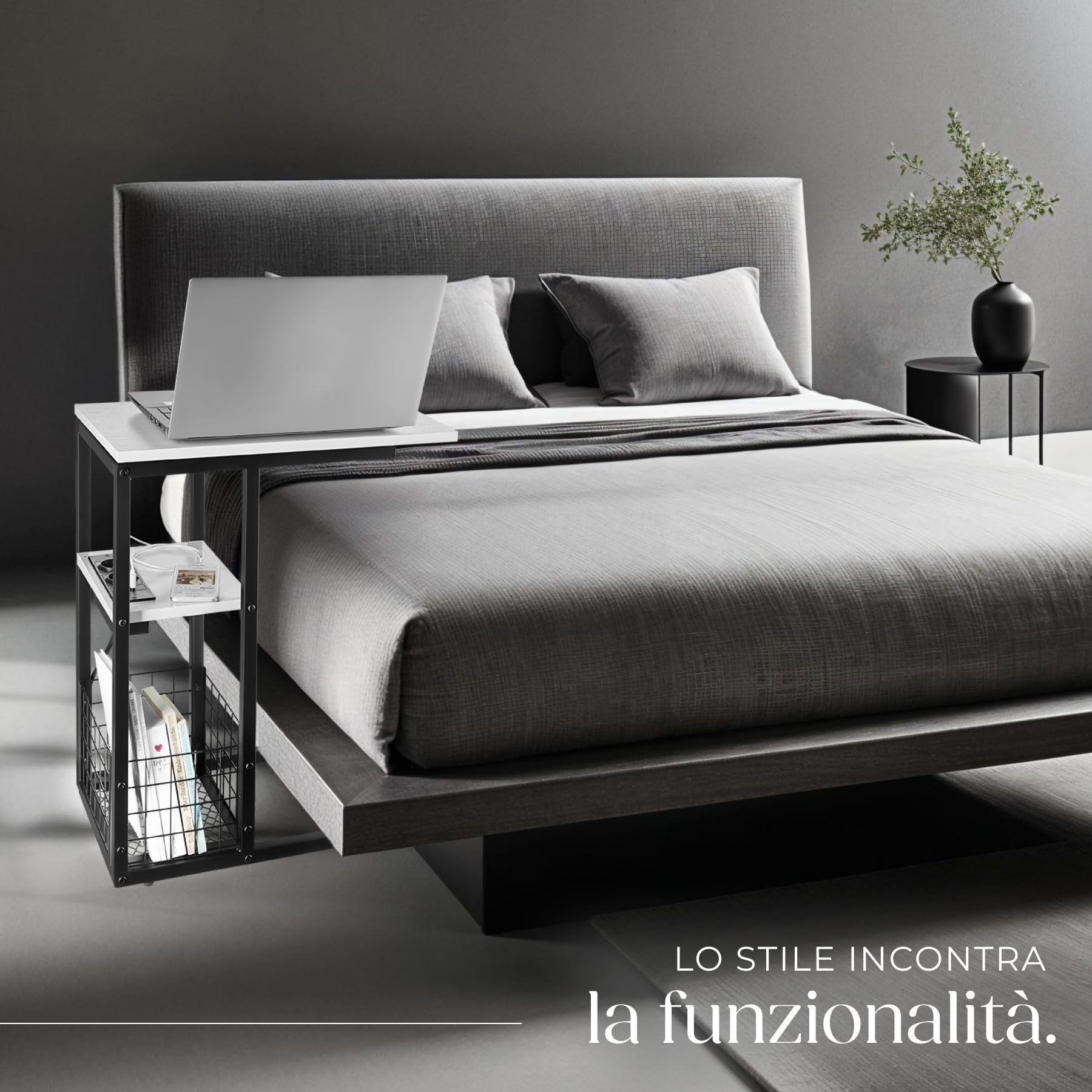 tectake® Tavolino Supporto PC Portatile con Forma a C, Tavolino da Letto con Stazione di Ricarica Integrata, Tavolino da Divano con Piano Scorrevole, Tavolo con Vassoio Portaoggetti - Bianco