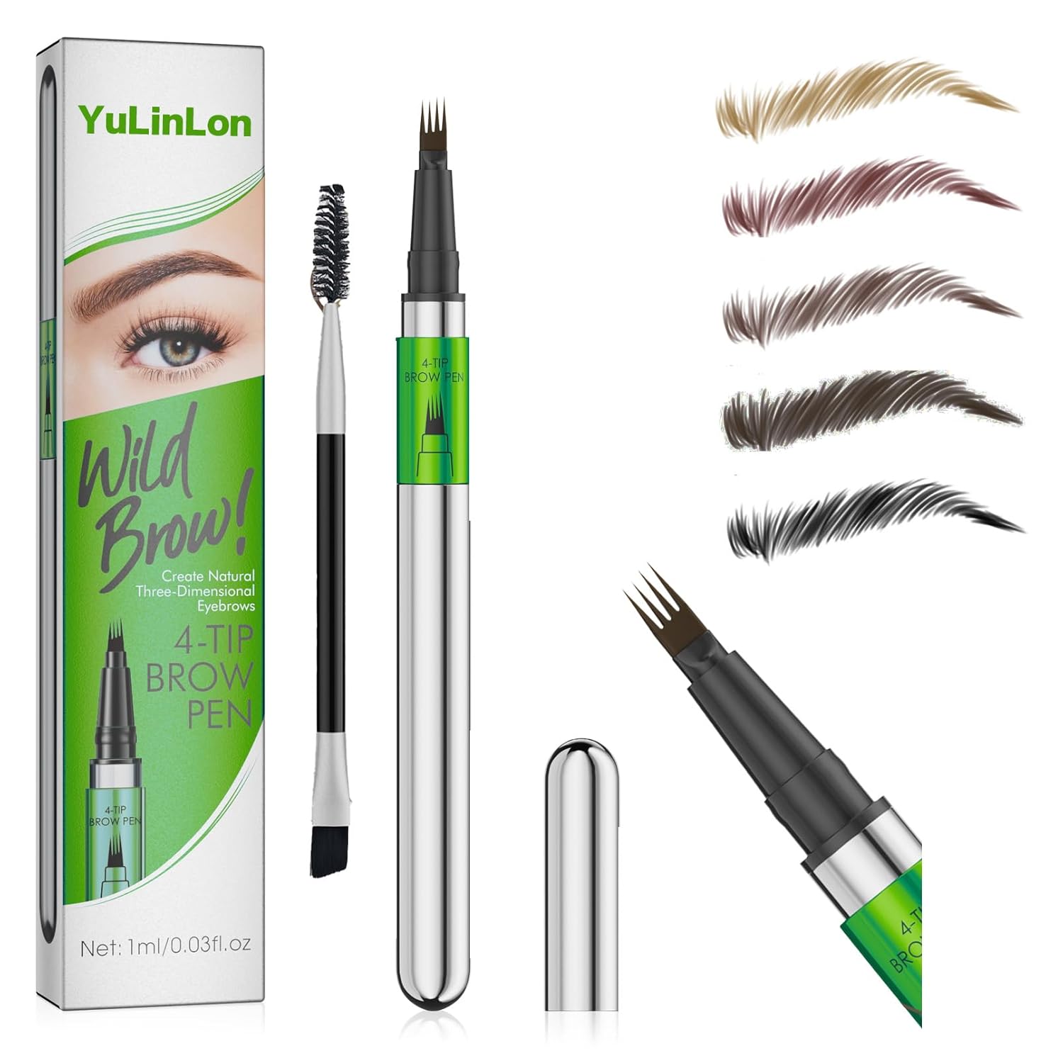 YuLinLon 4-Tip Eyebrow Pen, Waterproof Micro-Fork Tip Brow Tattoo Pen, Natural 3D Effect, Long Lasting Smudge-Proof Formula, 1ml (03# DARK BROWN)