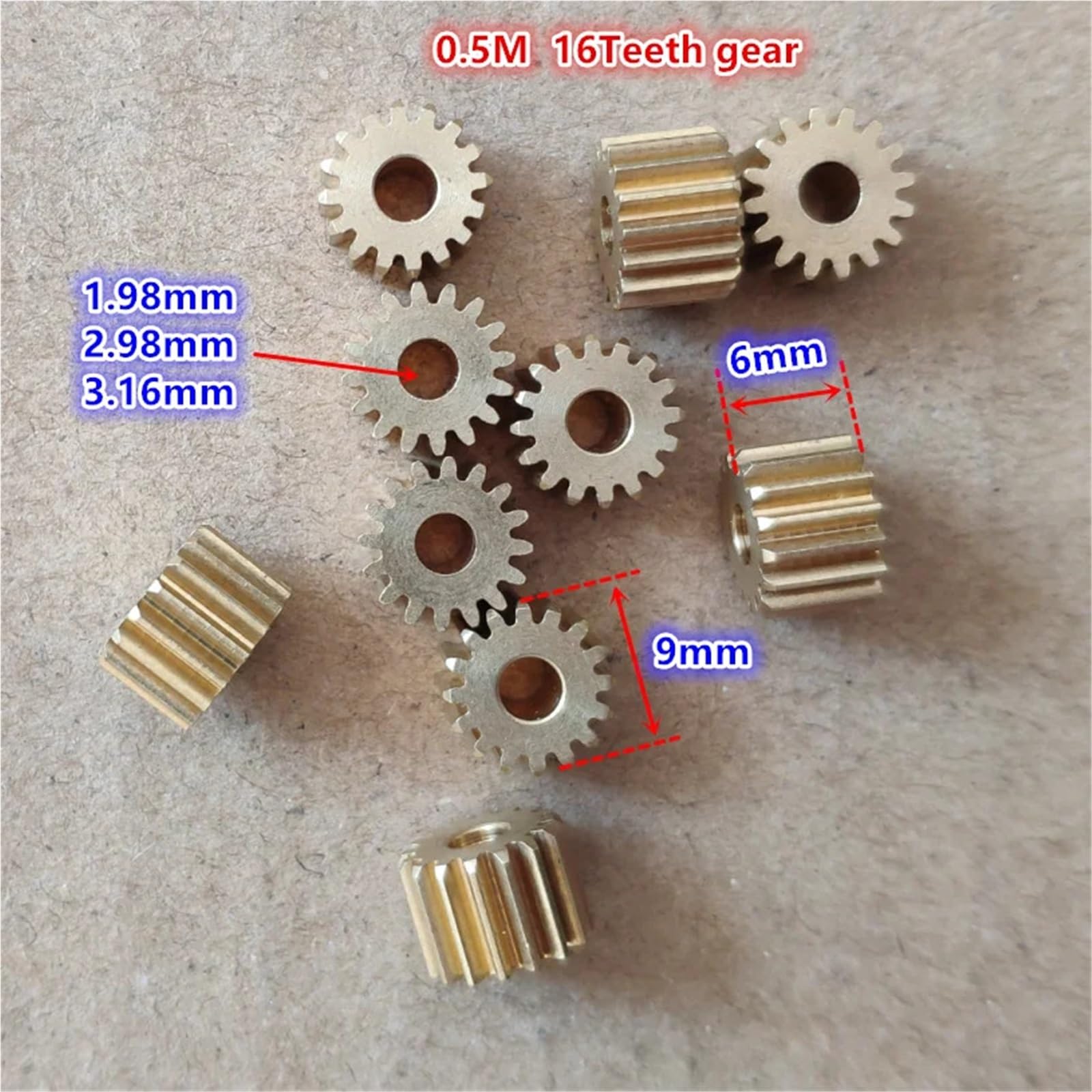 10 engranajes de metal de 0,5 módulos, 16 dientes, 0,5 m, 16T, engranaje de latón de diámetro exterior, 9 mm, diámetro del orificio: 2 mm, 3 mm, 3,175 mm