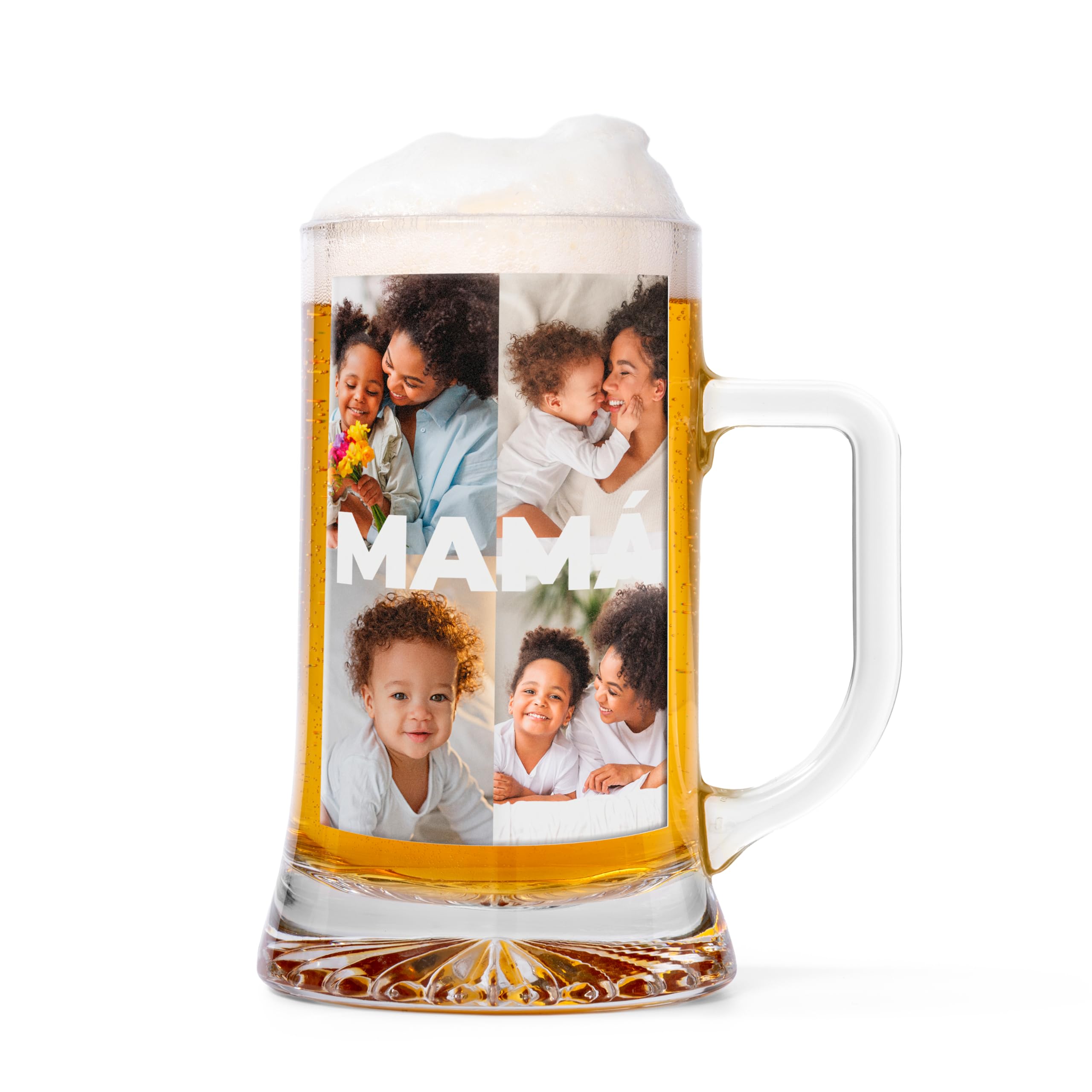 Jarra de Cerveza Personalizada con 4 Fotos y Texto – Jarra de Cristal Personalizada para Mamá, Papá o Pareja – Regalo Original para Cumpleaños, Día del Padre y Día de la Madre