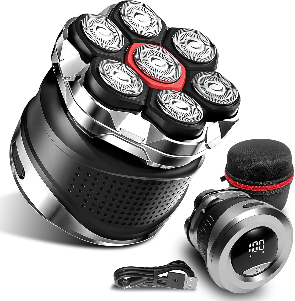 Men's Electric Rotary Shavers Bald，2025 Upgrade 7D Floating Electric Shaver with LED Display, IPX6 Waterproof, Type-C Fast Charge, Magnetic Heads, Travel Case - Ideal Men's Grooming Gift (Black)