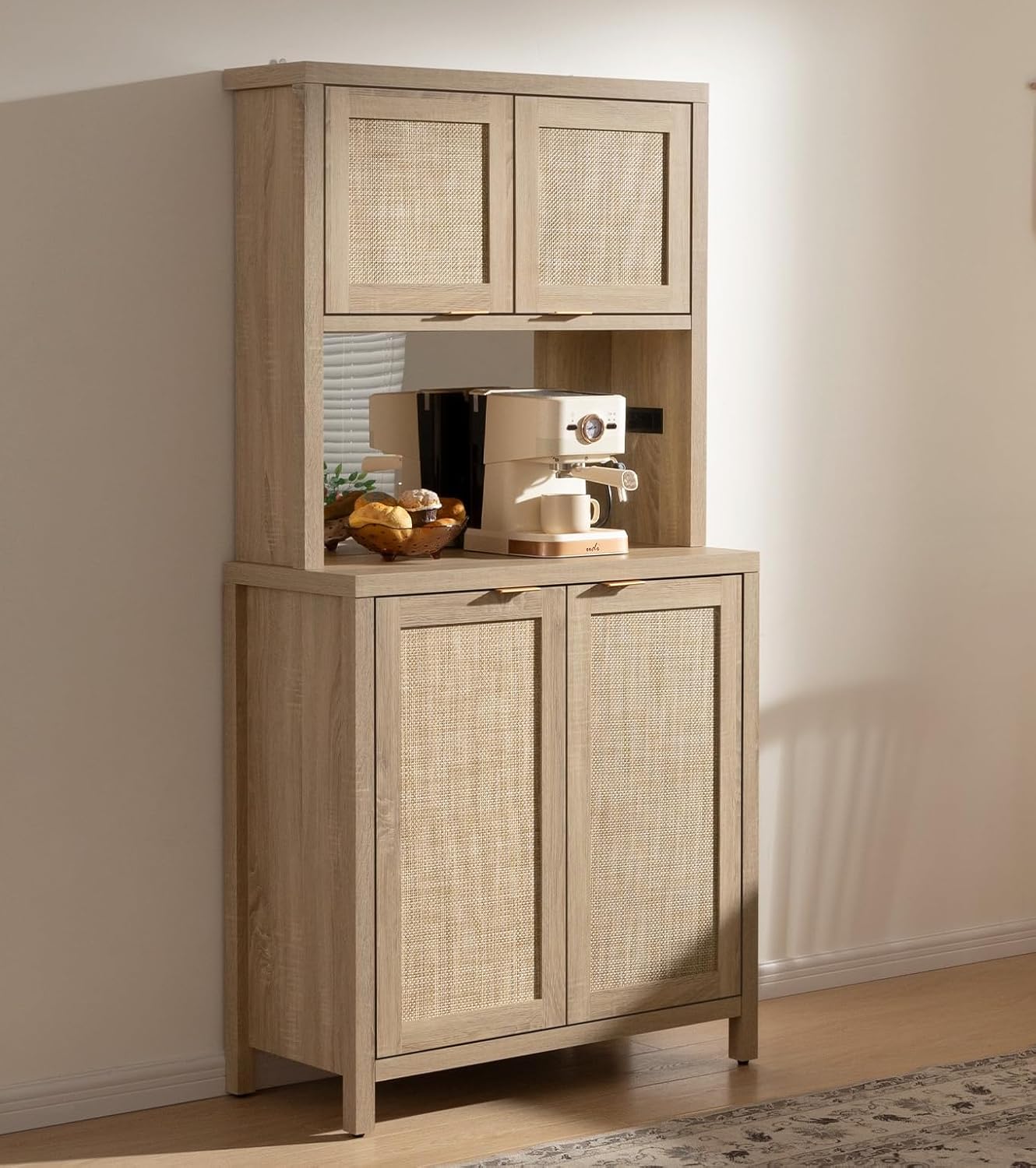 Amazon.com: SICOTAS Tall Farmhouse Kitchen Pantry Storage Cabinet, Rattan Pantry Cabinet with ...