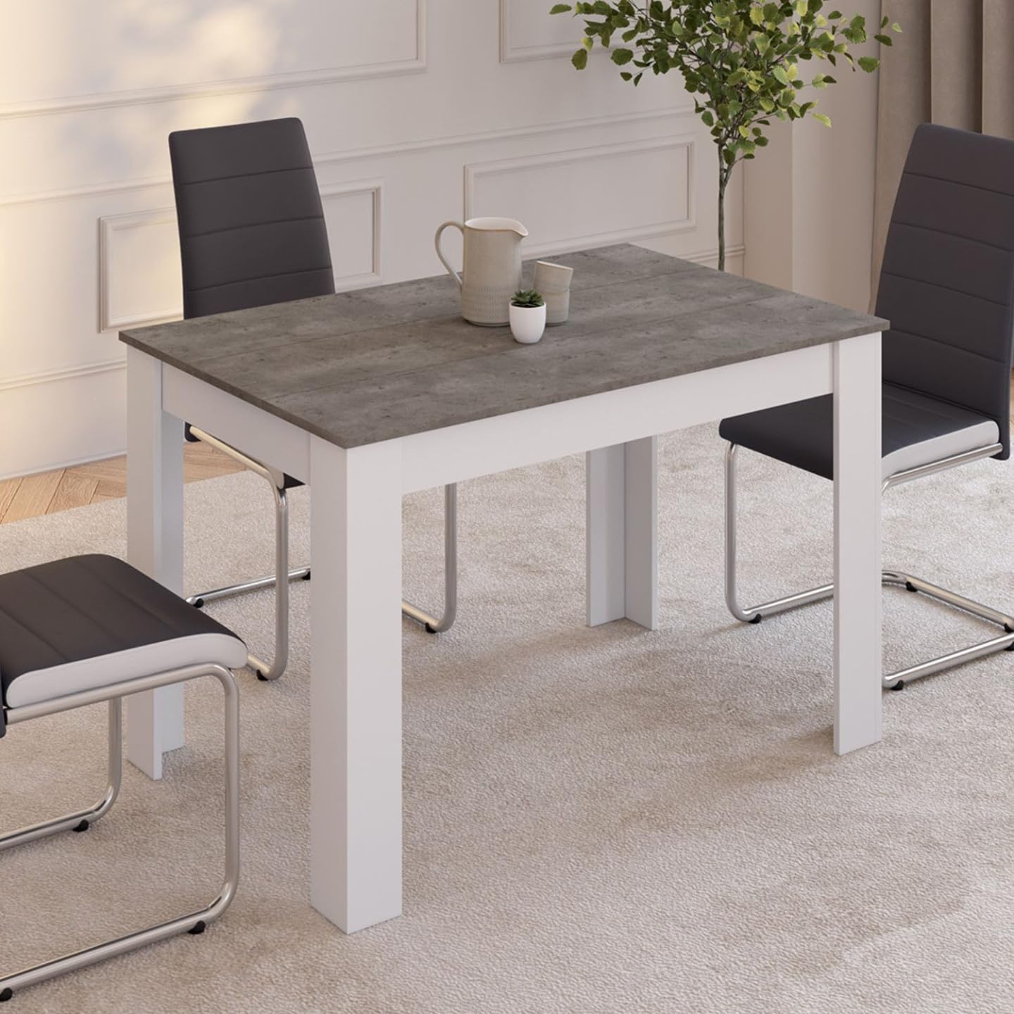IDMarket - Table à Manger Rectangle ROZY 4 Personnes Blanc Plateau Effet béton 110 cm