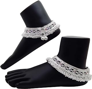 WomenSky Traditional Indian Heavy Fancy Silver Gola Payal For Women With Jhaalar | Meena Work Girls Anklets With Sound Mak... Price In India