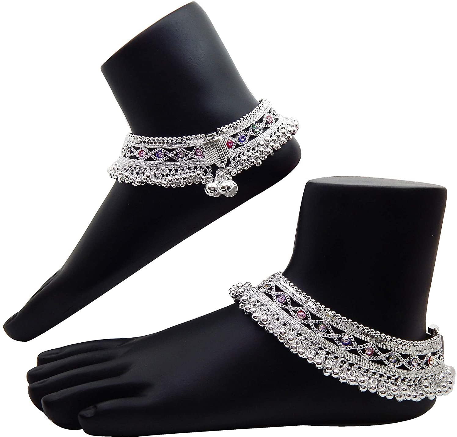 Traditional Indian Heavy Fancy Silver Gola Payal For Women With Jhaalar | Meena Work Girls Anklets With Sound Making Ghungroo