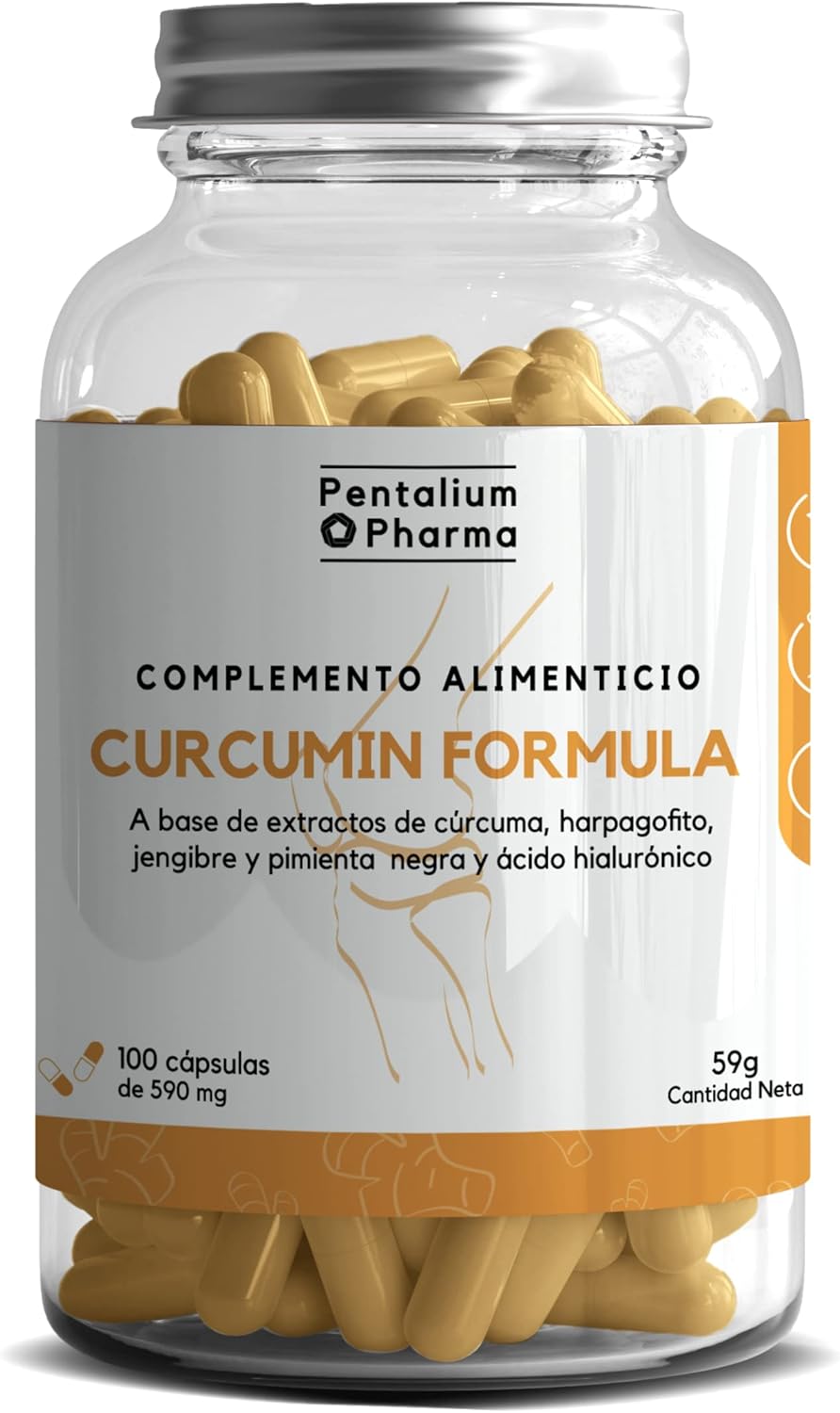 Curcumin Formula - Curcuma con Pimienta Negra y Jengibre I 95% Curcumina Pura I 100 capsulas, 1 dosis diaria I Bienestar de huesos y articulaciones I Con Acido Hialurónico y Harpagofito I Pentalium