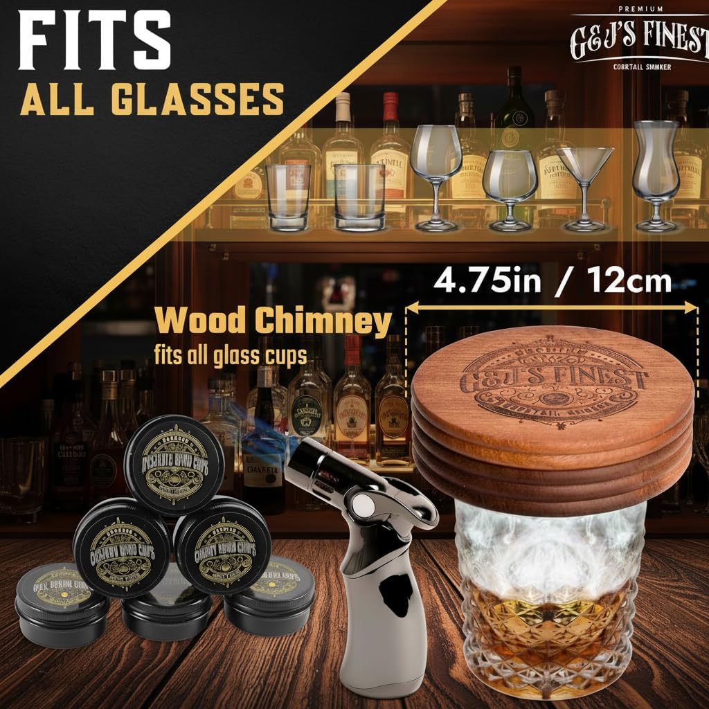 Whiskey Smoker Kit | Cocktail Smoker Kit| Bourbon Smoker Kit| Old Fashioned Smoker Kit with Quad Flame Torch, 6 Wood Chips & Wooden Box for Smoking Drinks| Whiskey Gift for Men (No Butane Incl.)