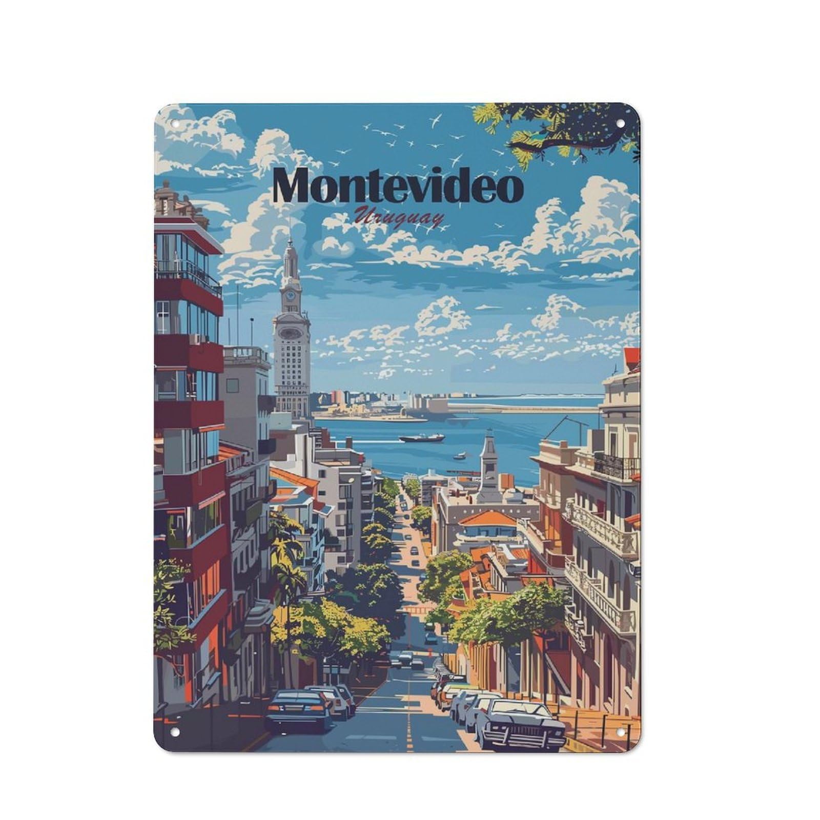 Montevideo, Uruguay Cityscape Art Decorative Metal Sign 40x30cm, Country Style Bistro Wall Plaque for Kitchen, Cafe, Pantry Or Dining Room
