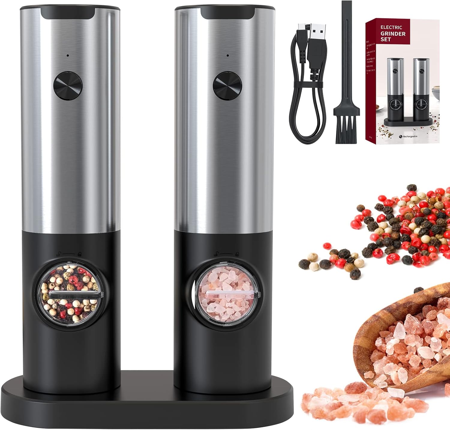 Electric Salt and Pepper Grinder Set with Rechargeable Base, Automatic