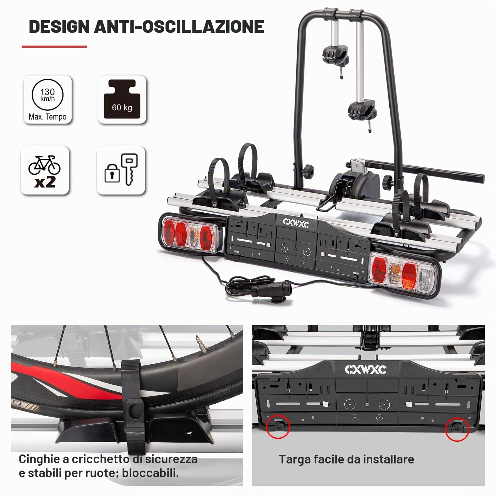 Portabici da traino per auto 2 biciclette elettriche, fusibile sgancio rapido, illuminazione 13/7 pin universale