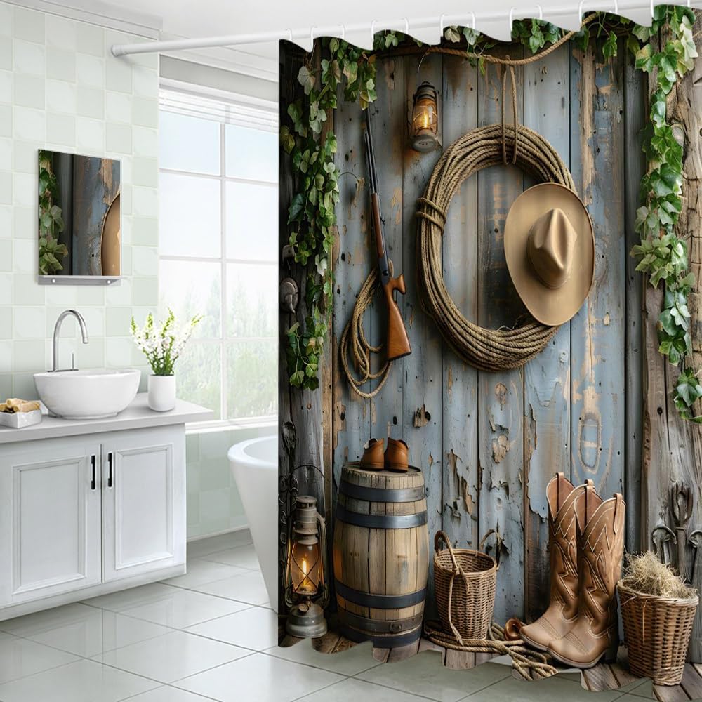 Western Cowboy Shower Curtain West Cowboy Hat Boots Rustic Barn Farmhouse Wooden Board Vintage Hunting Fabric Bathroom Decor Curtains with Hooks, 70" Wx78 H