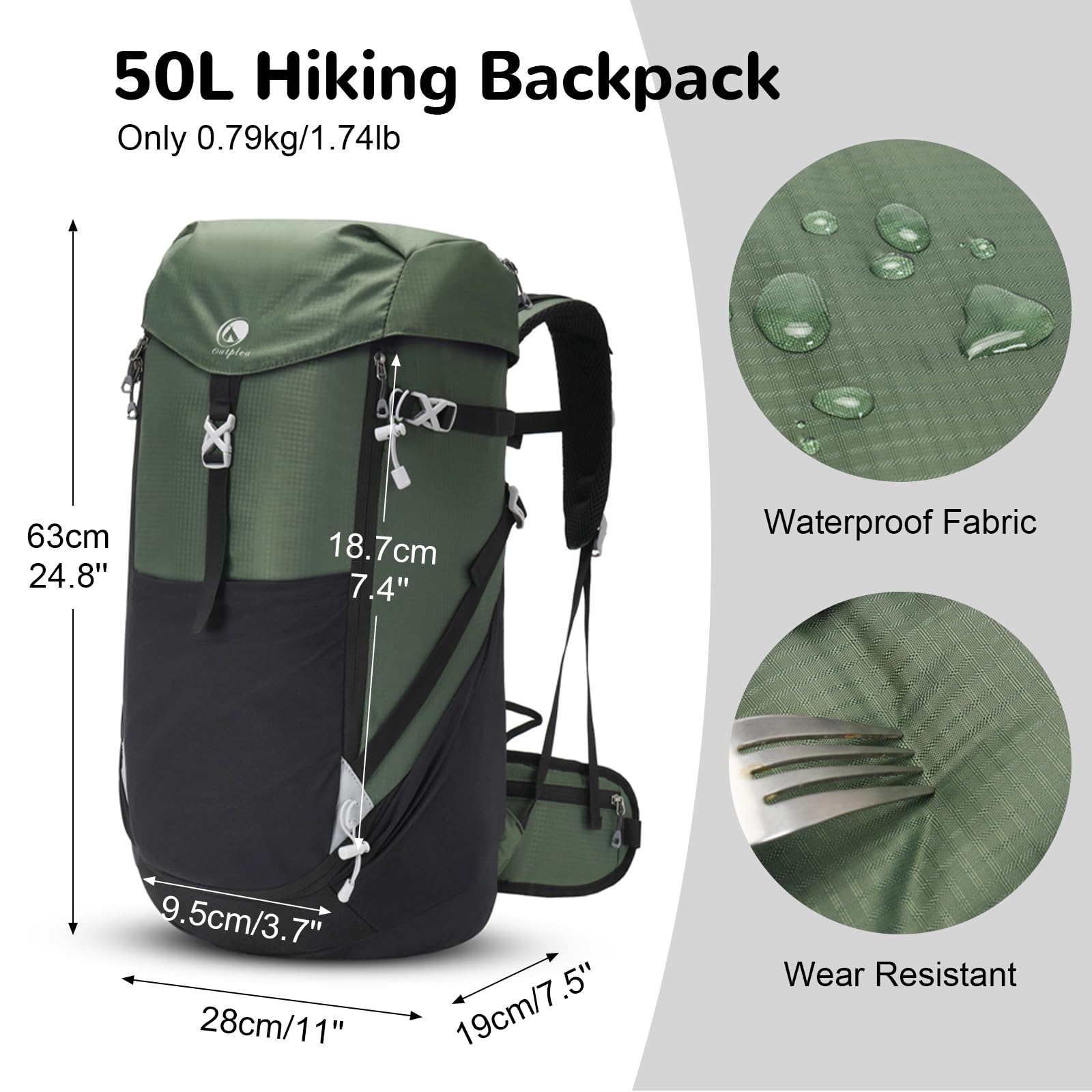 50L Zaino da Trekking con Apertura Frontale, Zaino da Viaggio Impermeabile per Campeggio Escursionismo, Grande Zaino da Montagna Leggero per Sport Alpinismo Avventura, Verde