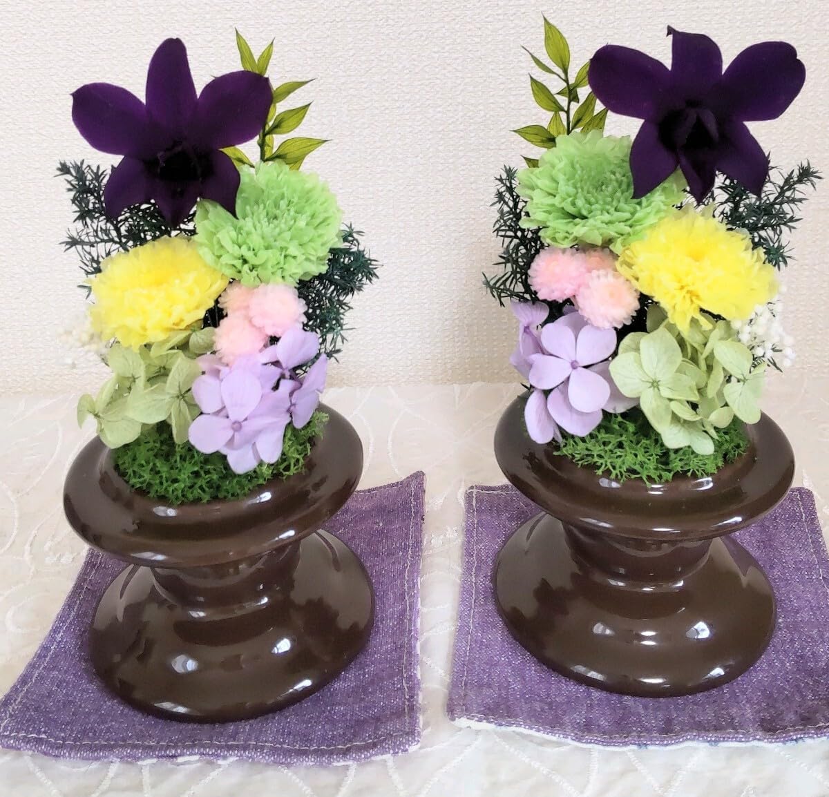 ガラスドーム 一対仏花プリザーブドフラワーお手入れ不要 プリザーブド