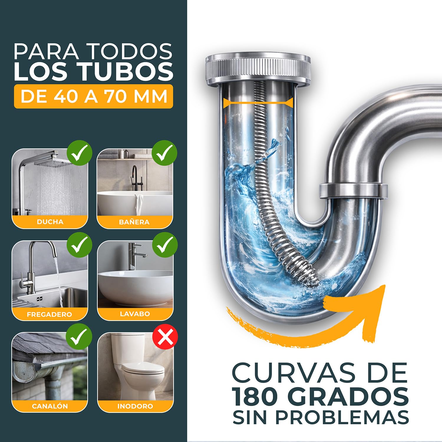 Meisterfaktur Espiral de limpieza de tuberías [15 metros] – con tambor de acero – Espiral de drenaje ideal para una limpieza de tuberías respetuosa con el medio ambiente
