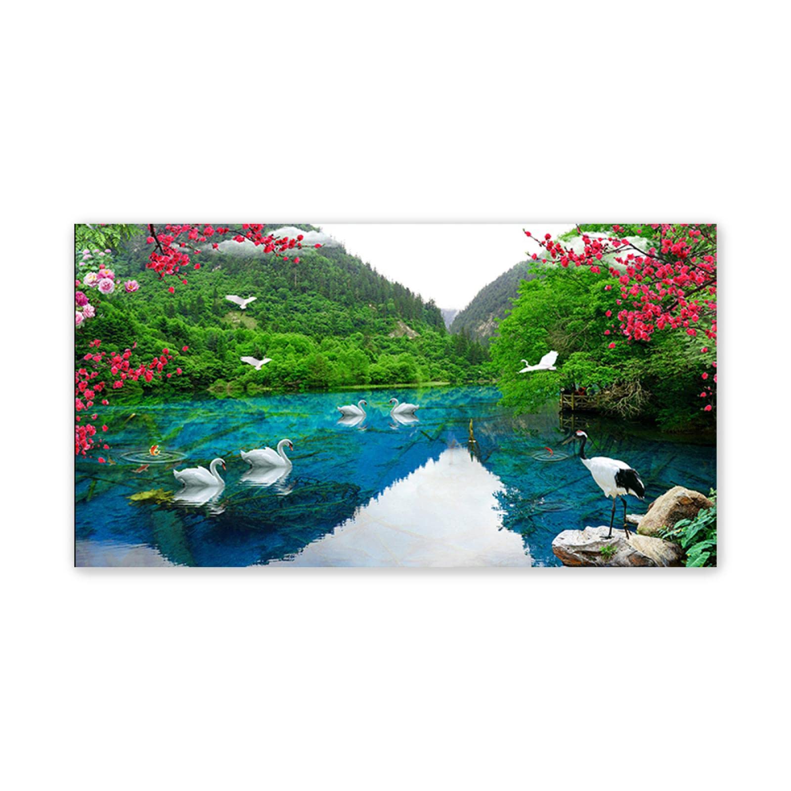 Modern Mountain Lake Swan Pictures Landscape Canvas Wall Art Waterfall Painting Nature Canvas Prints and Poster for Living Room Decor 30x60cm(12x24in) Frameless