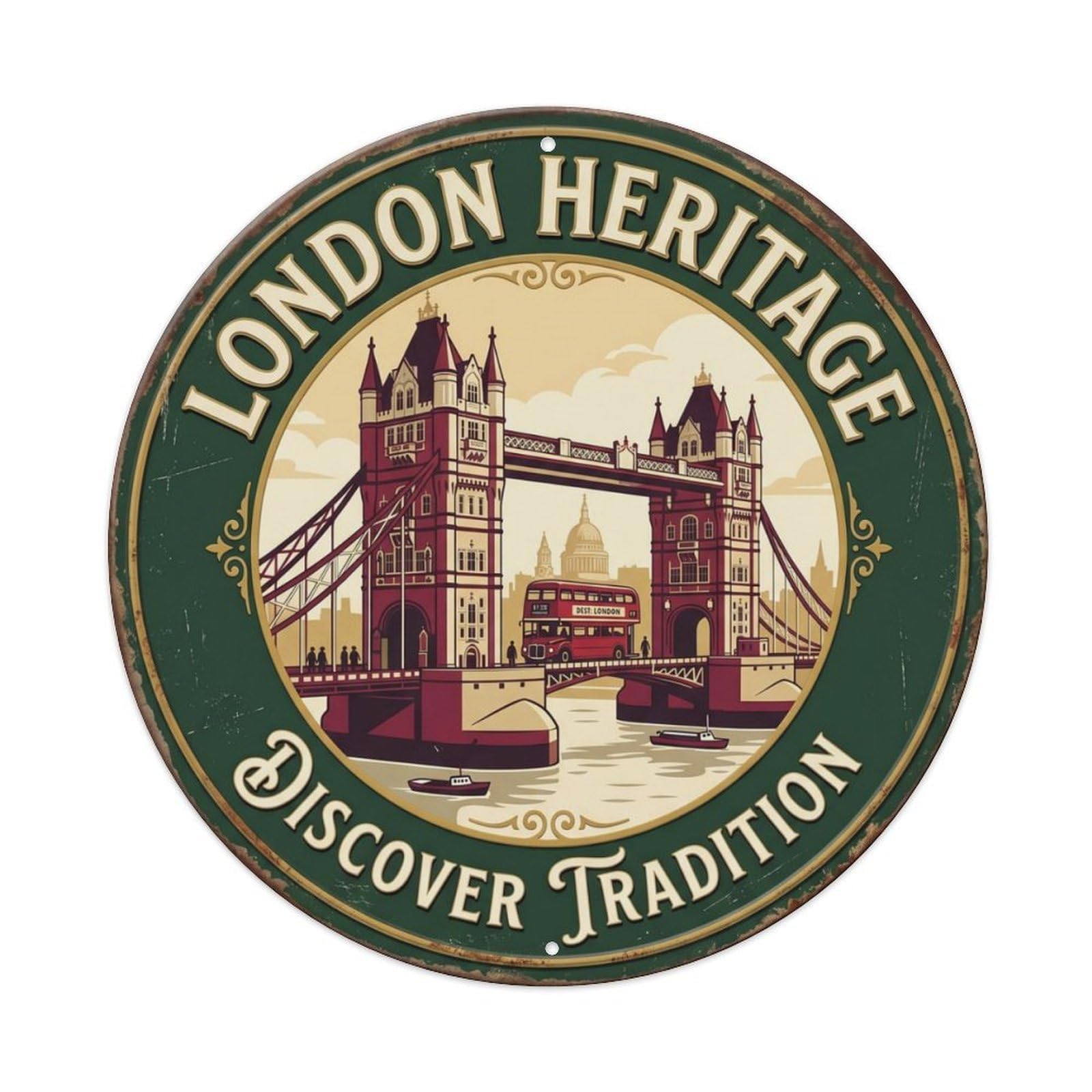 Bridge Heritage Discover London Landmark Metal Tin Sign Plaque Wall Decor for Cafe, Club Bar, Office, Home Garden Round Metal Poster 8x8Inch