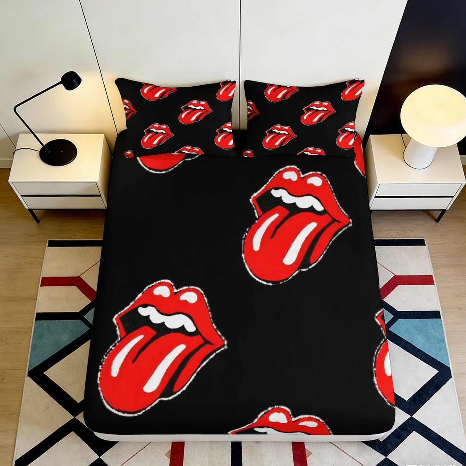 3D Printed Red Lips Tongue Fitted Sheet Microfiber Soft Black Bed Cover for Bedroom Guest Room Decor 90x200x25cm