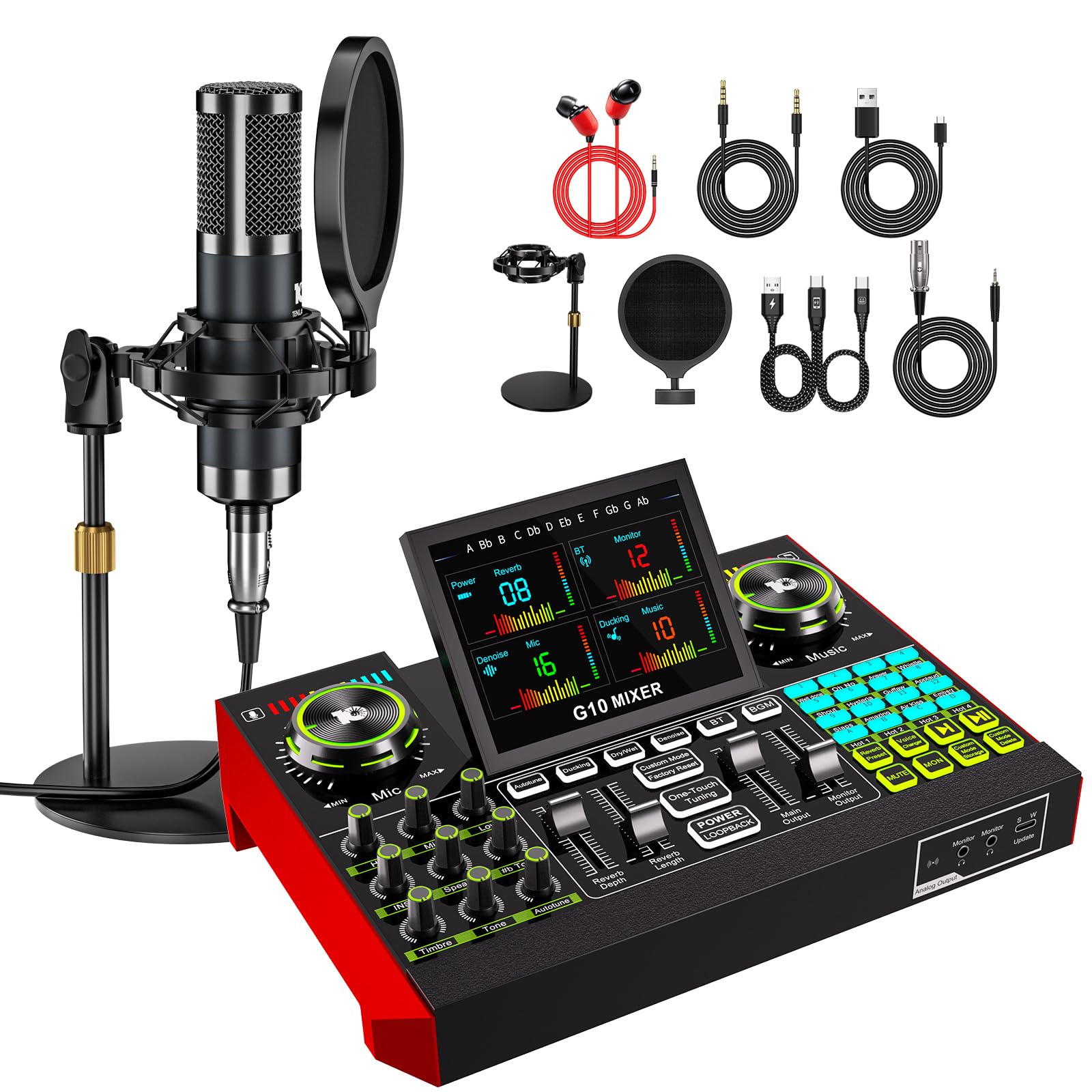 Podcast-Mikrofon-Set mit G10 Audio-Mixer & P15 Kondensatormikrofon | Geeignet für Livestream, Gesang, Gaming & Stimmveränderung an PC/Mobilgerät mit integrierter Geräuschunterdrückung