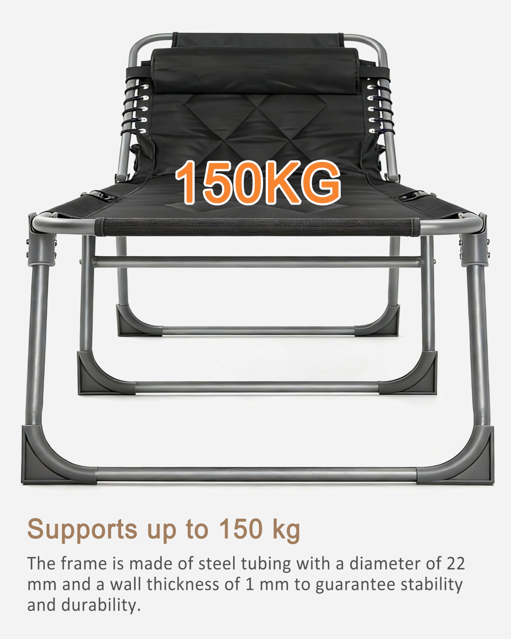 Sonnenliege Klappbar 5-Verstellbarer Rückenlehne, Gartenliege Klappbar mit Kopfkissen & Seitentasche, Liegestuhl Strandliege für Balkon Strand Campingliege Outdoor Indoor, Bis 150kg