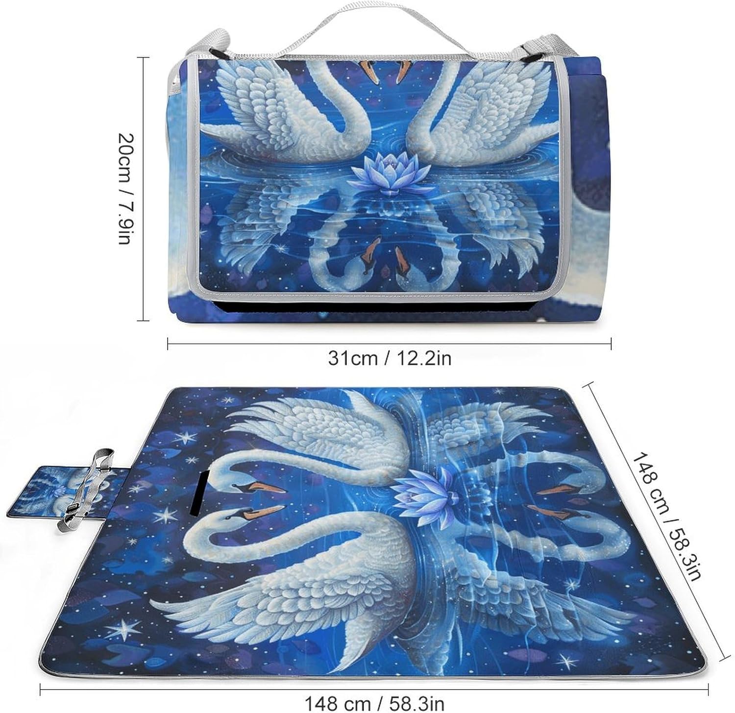 Outdoor Picnic Blanket Extra Large Beach Blanket Waterproof Picnic Mat Two White Swans Camping Blanket Portable with Carry Strap Park Blanket for Grass Camping Park