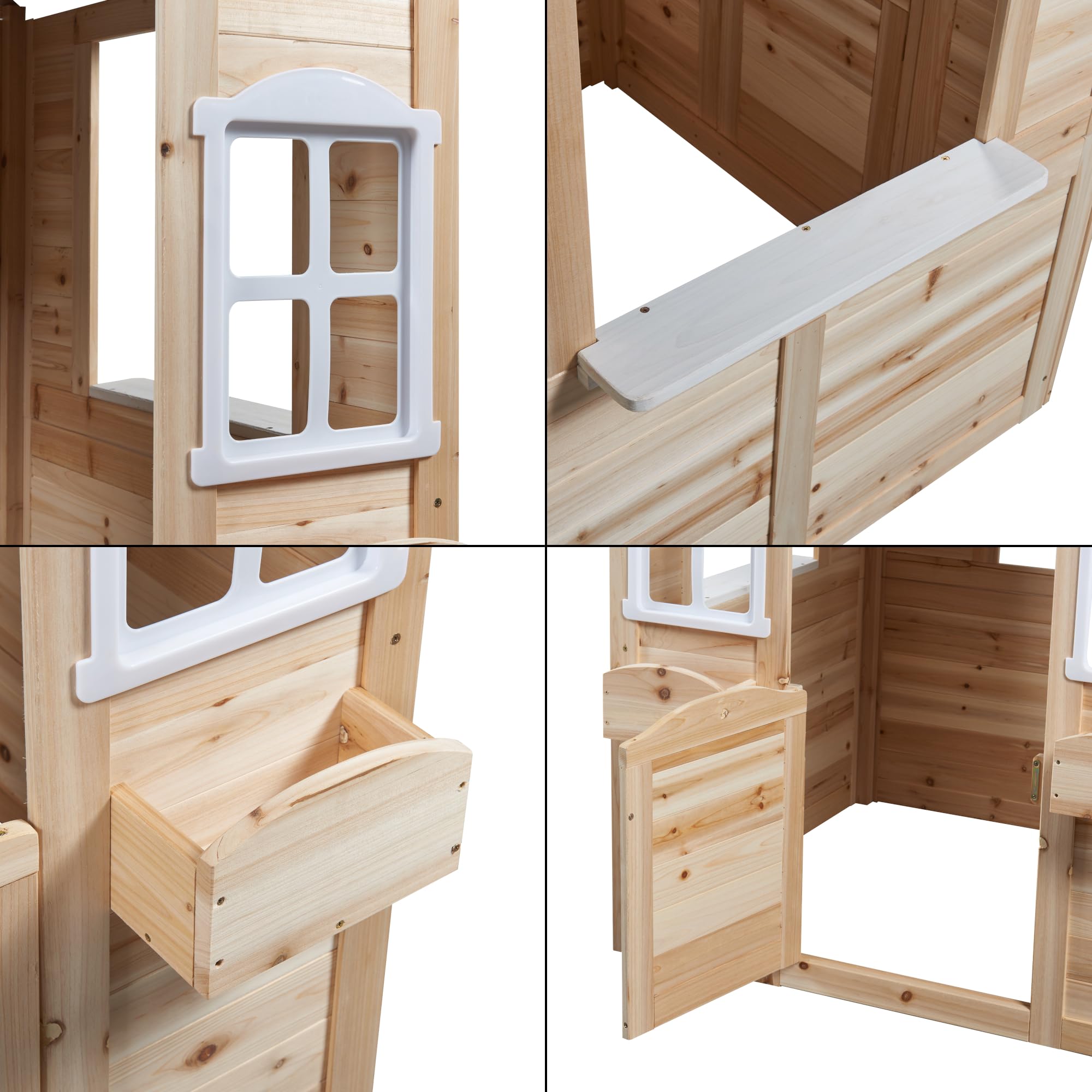 casa.pro Casa de Juegos Acciano con Jardineras Casita para Niños con Ventanas y Puerta Abatible Casa de Madera para Exterior y Jardín de Madera de Abeto 131x113x97 cm - Natural/Gris