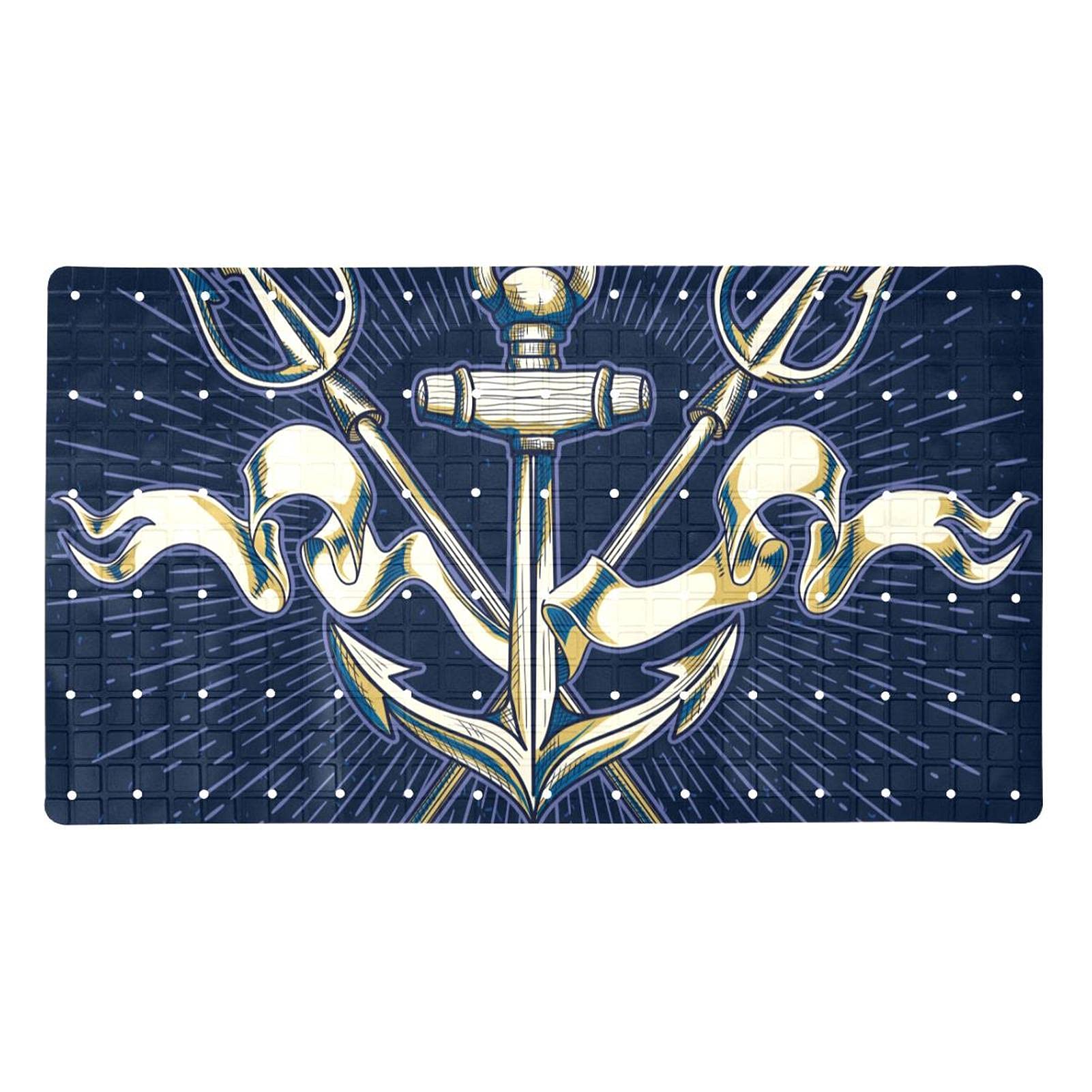 Tapis de bain antidérapant bleu marine à ventouses et trous de drainage