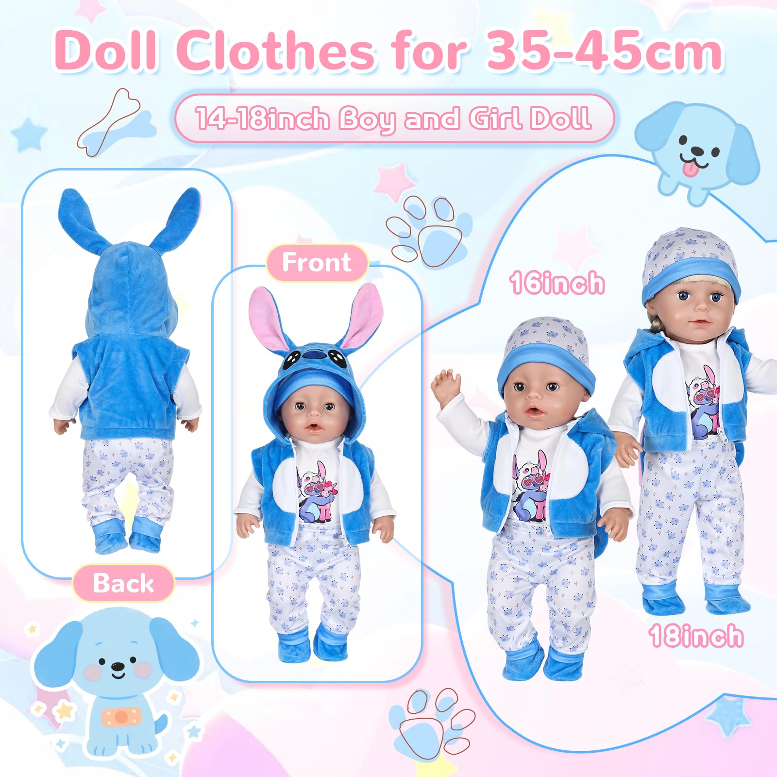 7 Stück Puppenkleidung, Blaue Kleidung Outfit für 35-43 cm Baby Puppen mit Jacke, Oberteil, Hose, Mütze, Socken, 2 Kleiderbügel für 14-18 Zoll Puppen, Baby Zubehör Geschenke für Mädchen Jungen - 4