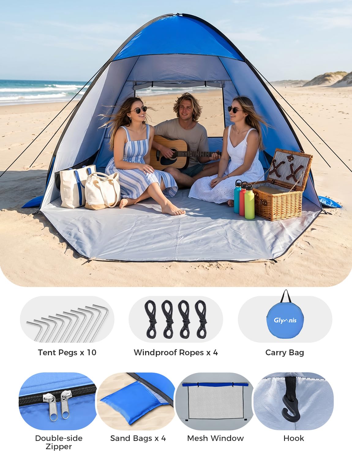 Glymnis Tenda da Spiaggia Pop-up UPF 50+ per 2-4 Persone con Cerniera Istantanea e Borsa