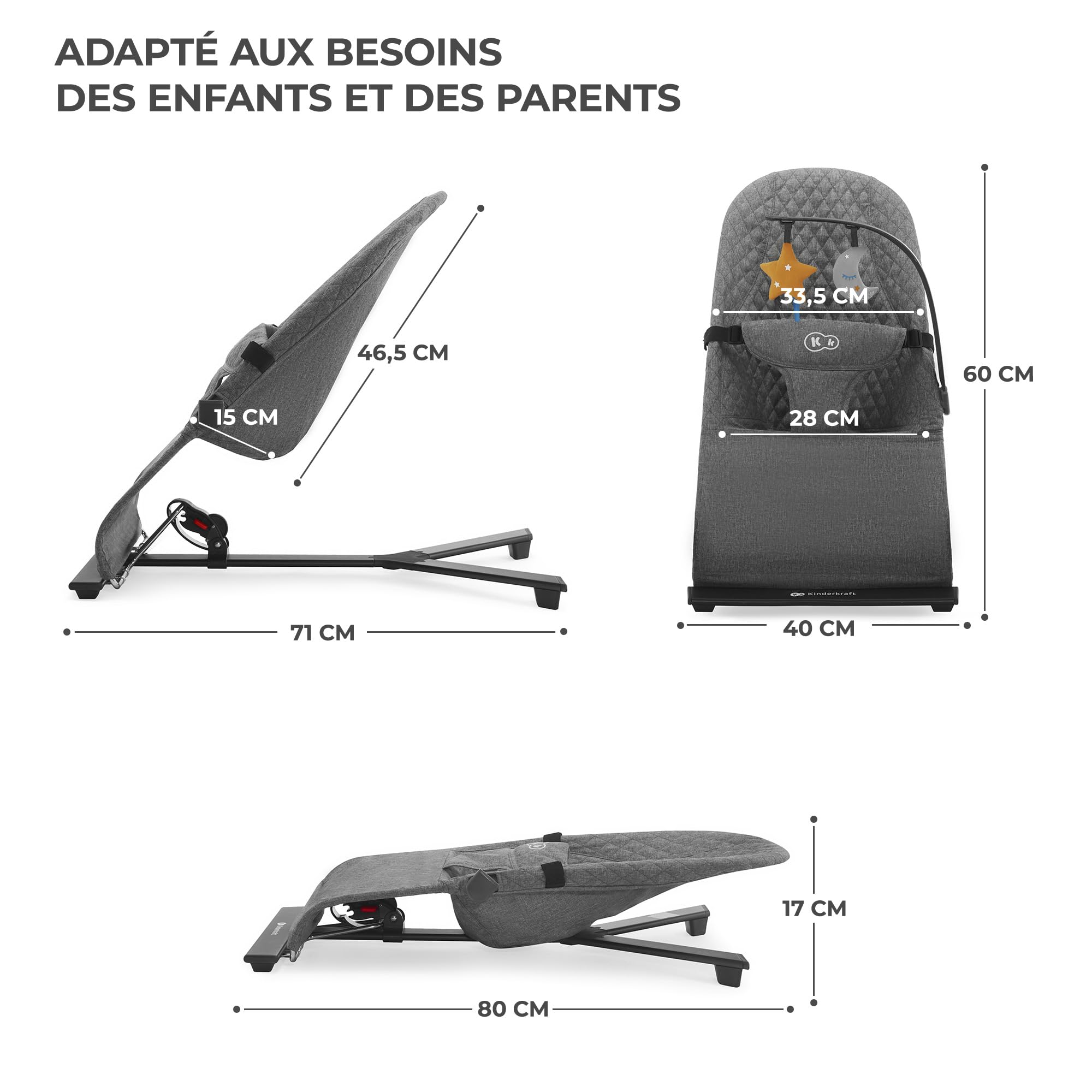 Kinderkraft MIMI Transat bébé, Balancelle de La Naissance à 9 Mois, Dossier réglable sur 3 niveaux, Pliable à plat, Facile à transporter, Arche avec jouets, Gris