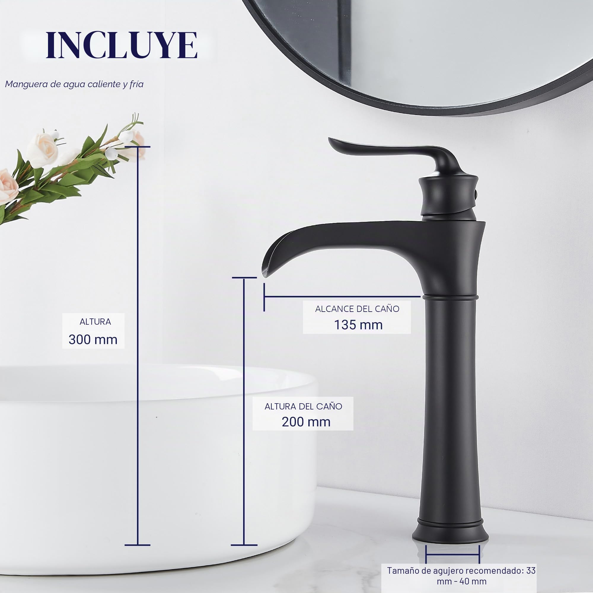 Grifo mezclador de lavabo de altura alta, grifos de baño negros altos, mezclador de pie de cascada de latón para fregadero de baño, cuenco de 1 agujero