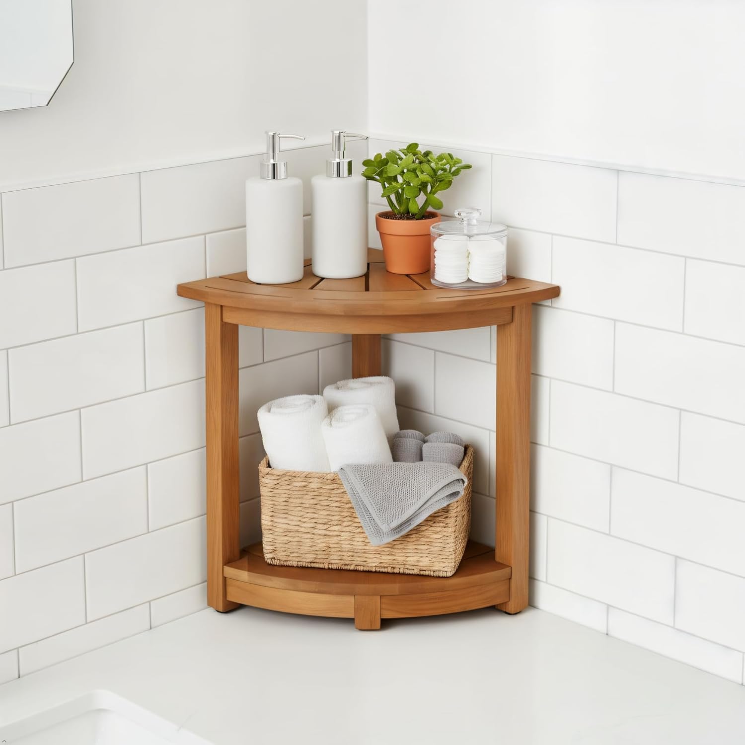 Acacia Wood Corner Shower Stool - Waterproof Triangular Bathroom Bench with Storage Shelf & Soap Dish for Shaving, Natural Wood (17.9x12.7x16.5)