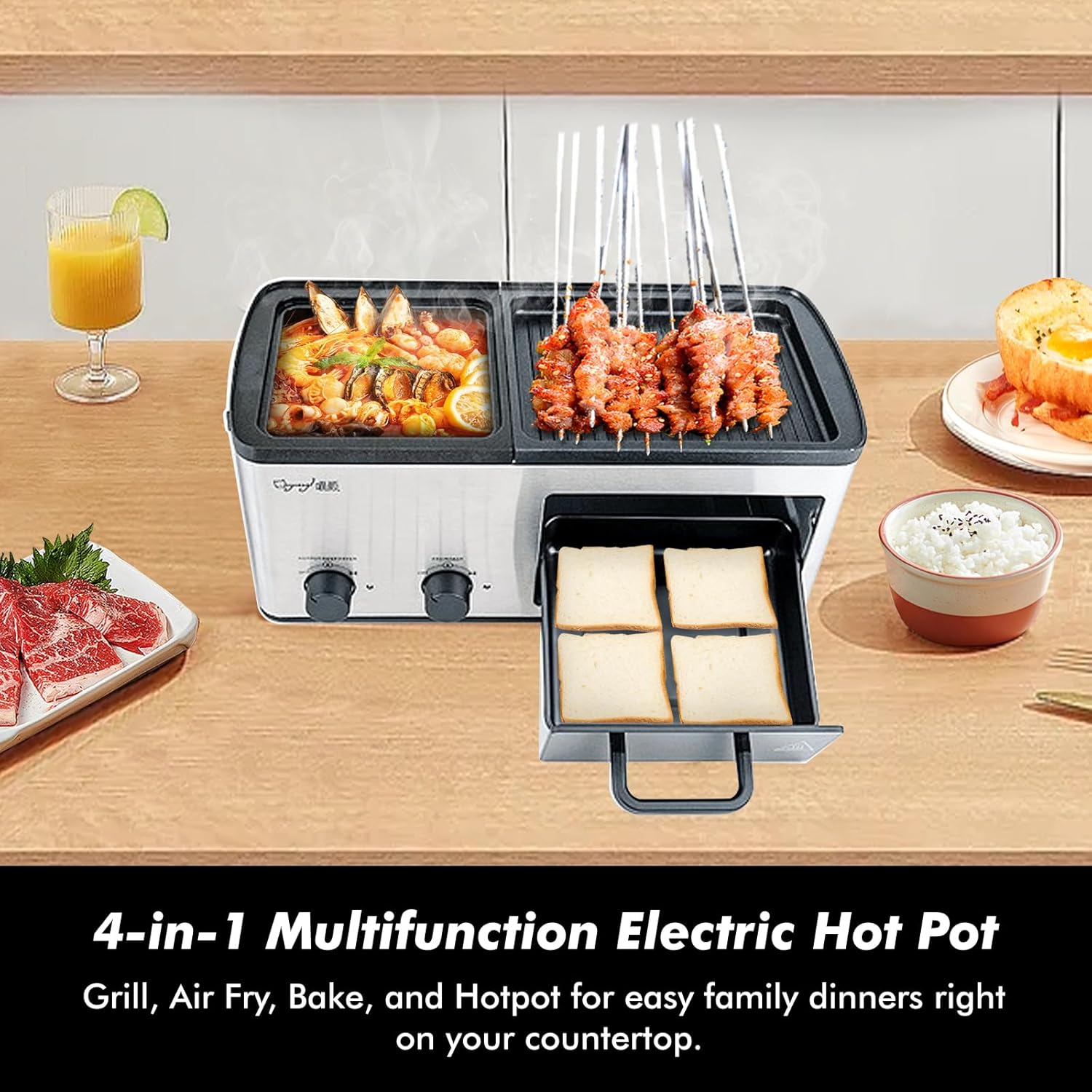 wOod-it 4 in 1 Breakfast Maker Station with Indoor Grill/Griddle/Toast Drawer/Frying Basket, Removable Nonstick Plates, Dual Temperature Control, Silver