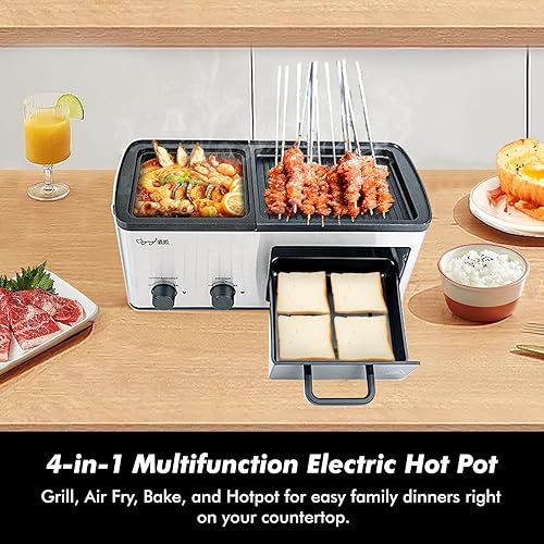 Miniatura 3 de Estación de desayuno 4 en 1 con parrillaplanchacajón de tostadascesta para freír, platos antiadherentes extraíbles, control de temperatura doble,