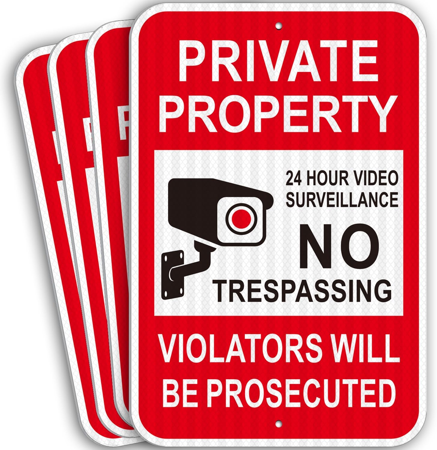 (4 Pack) Reflective Aluminum No Trespassing Signs Private Property, 18" x 12" Heavy-duty Metal Video Surveillance Sign Outdoor, Large Keep Out Violators Will Be Prosecuted, Rust-free, No Fade, Weatherproof, Easy to Mount