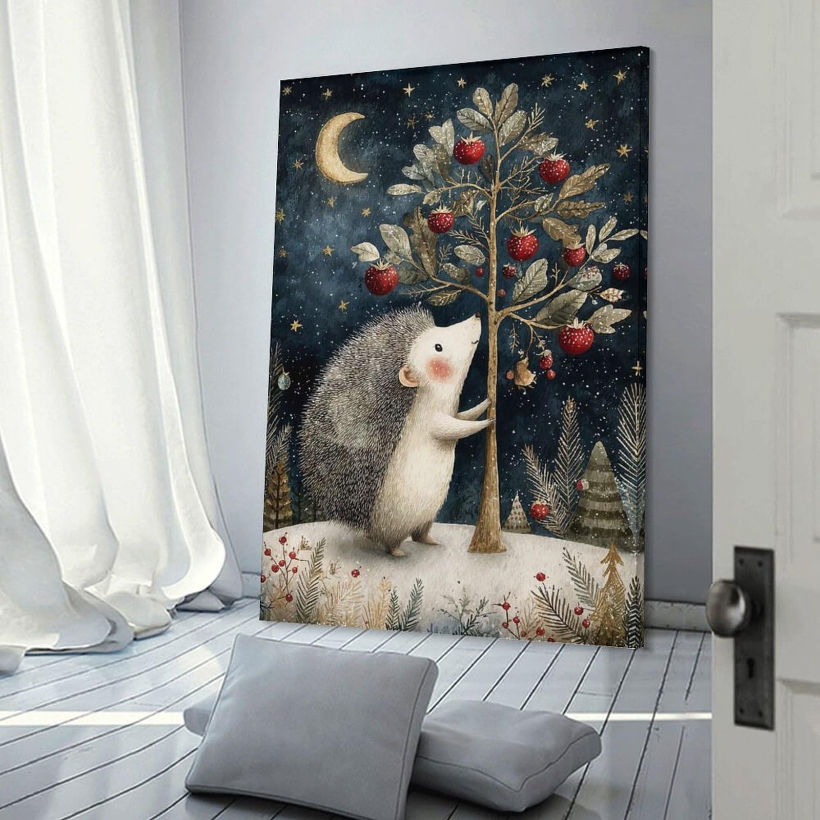 Junmoney Frame-Style-5 Hedgehog And Apple Tree At Night Canvas Wall Art 20X30inch(50X75cm), For Workspace Walls, Study Corners Or Bedrooms, Wall Art That Adds Style To Work Areas