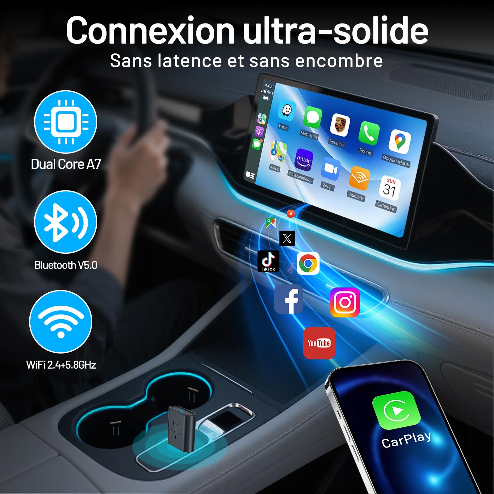 BEVA Adaptateur CarPlay & Android Auto sans Fil 2 en 1 | Mise à niveau 2026, iOS 10+/Android 10+, USB A/C Plug & Play, Pas de latence, Mini & Stable