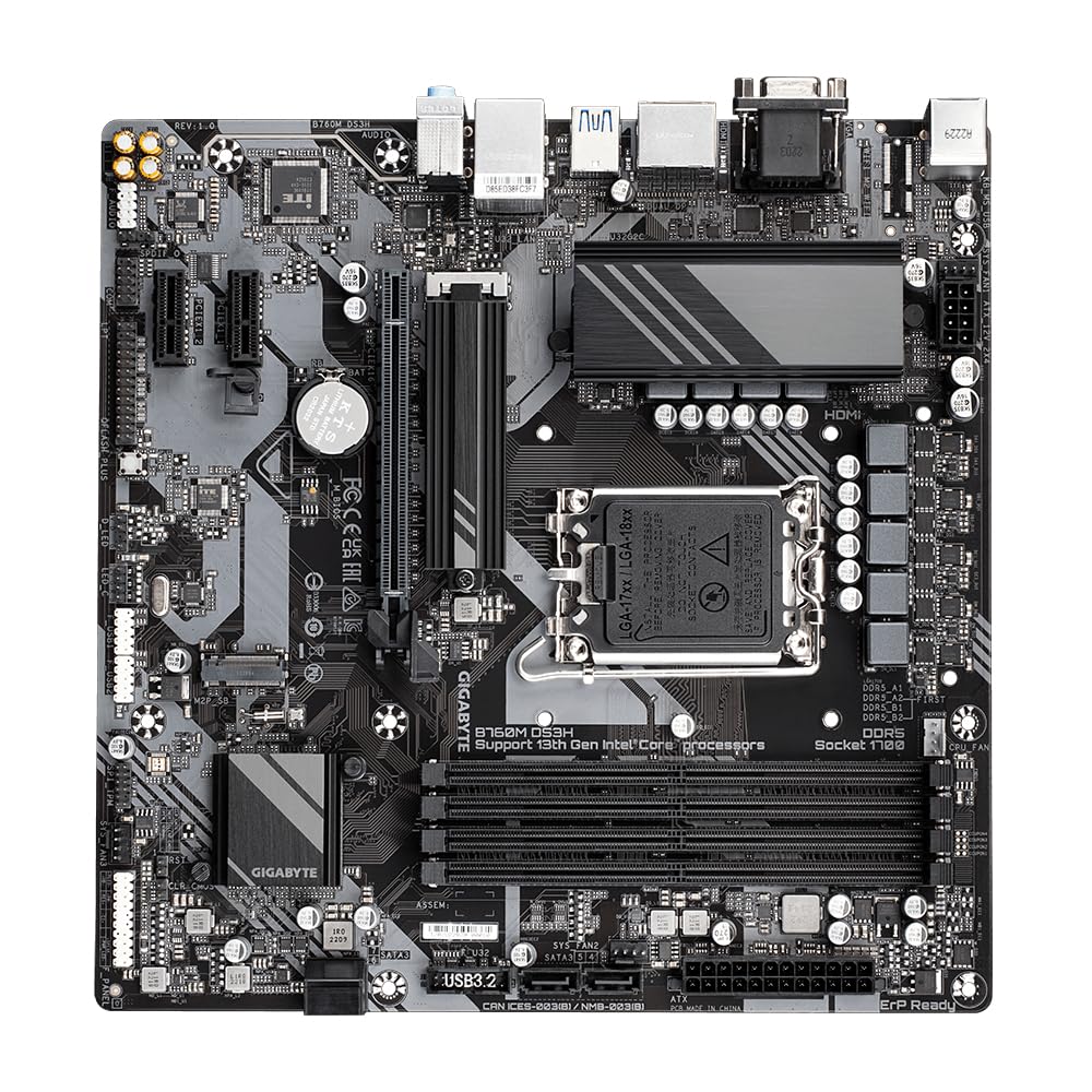 GIGABYTE B760M DS3H Carte Mère - Compatible avec Les processeurs Intel Core 14e génération, VRM numérique 6+2+1 Phases, jusqu'à 7600MHz DDR5 (OC), 2X PCIe 4.0 M.2, LAN 2.5GbE, USB 3.2 Gen