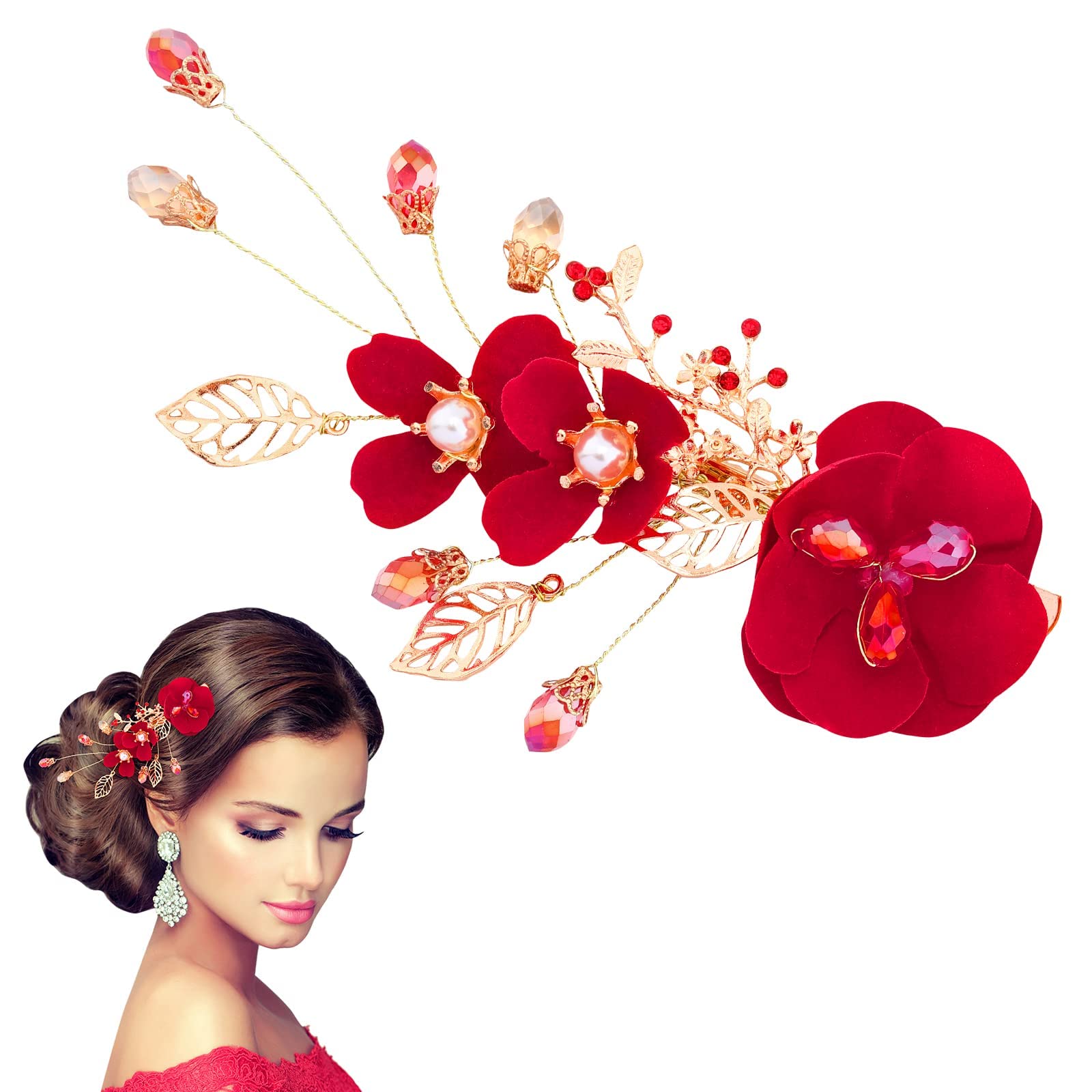 TERRIFIRed Rose Flower Hair Clips, Red Wedding Hair Clip for Bridal, Side Combs Women Hair Jewelry Accessories, Perfect for Weddings, Anniversaries, and Special Occasions