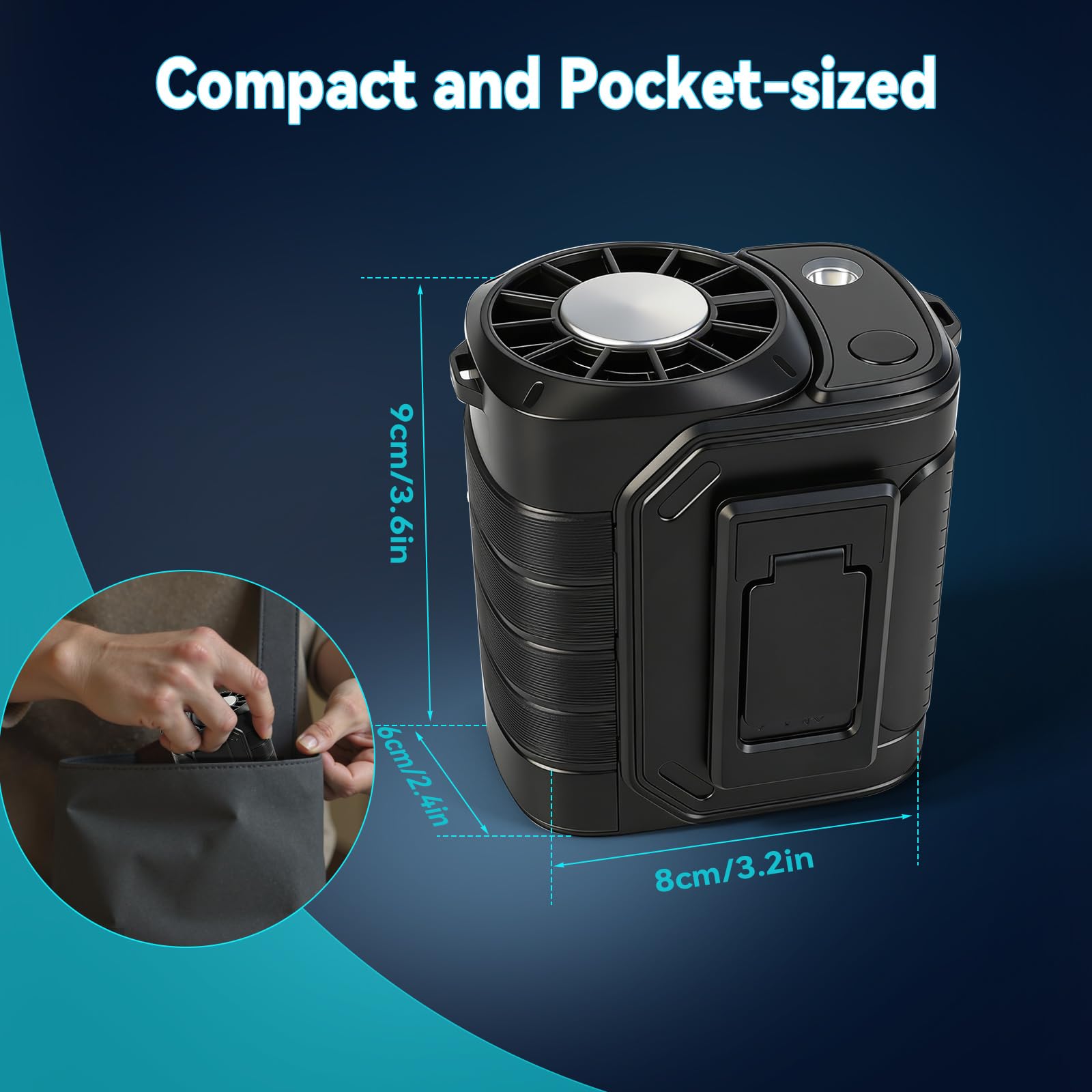 Ventola di raffreddamento personale portatile indossabile con clip in vita, 13000 giri/min, 5 velocità regolabili, ventilatore da cintura con semiconduttore rapido e luce a LED per vita e collo
