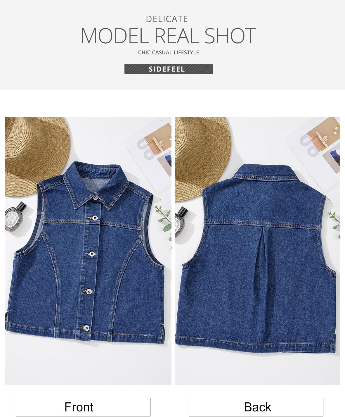 Sidefeel Women's Denim Vest Sleeveless Collared Crop Jean Vest Top Button Down Waistcoat - Image 7