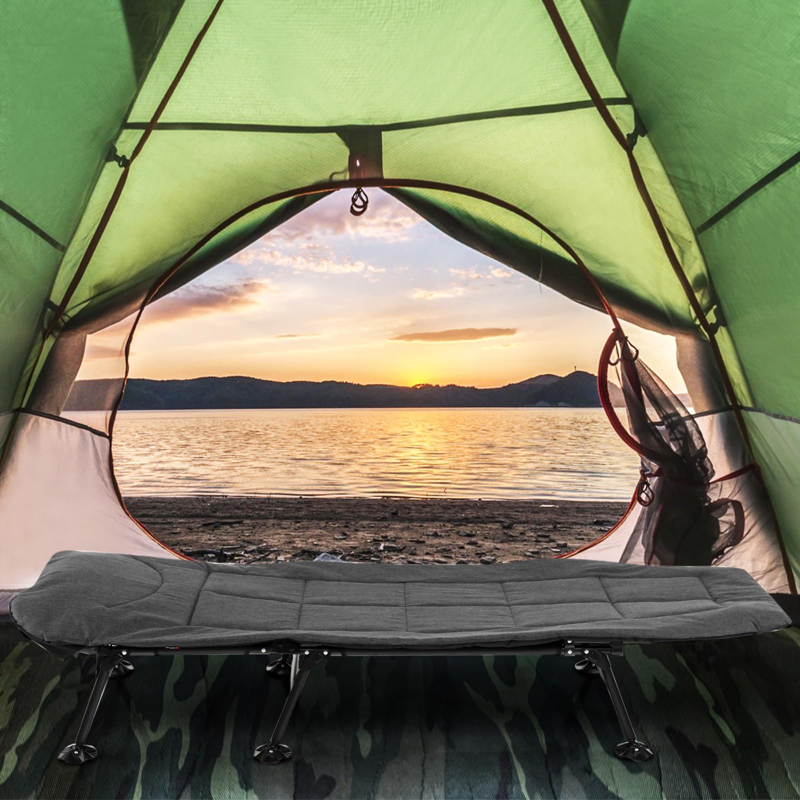 GYMAX Lit de Camping Pliable avec Oreiller Amovible, Dossier Réglable en 5 Positions, Matelas Confortable, Chaise Longue Portable pour Pique-Nique, Randonnée, Plage, Charge 200 KG