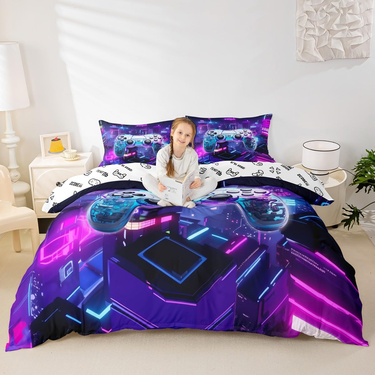 Gamers Gamepad Bedding Set Queen Size,Video Games Reversible Duvet Cover Set for Kids Boys Girls Teens Room Decor,3D City Building Street View
