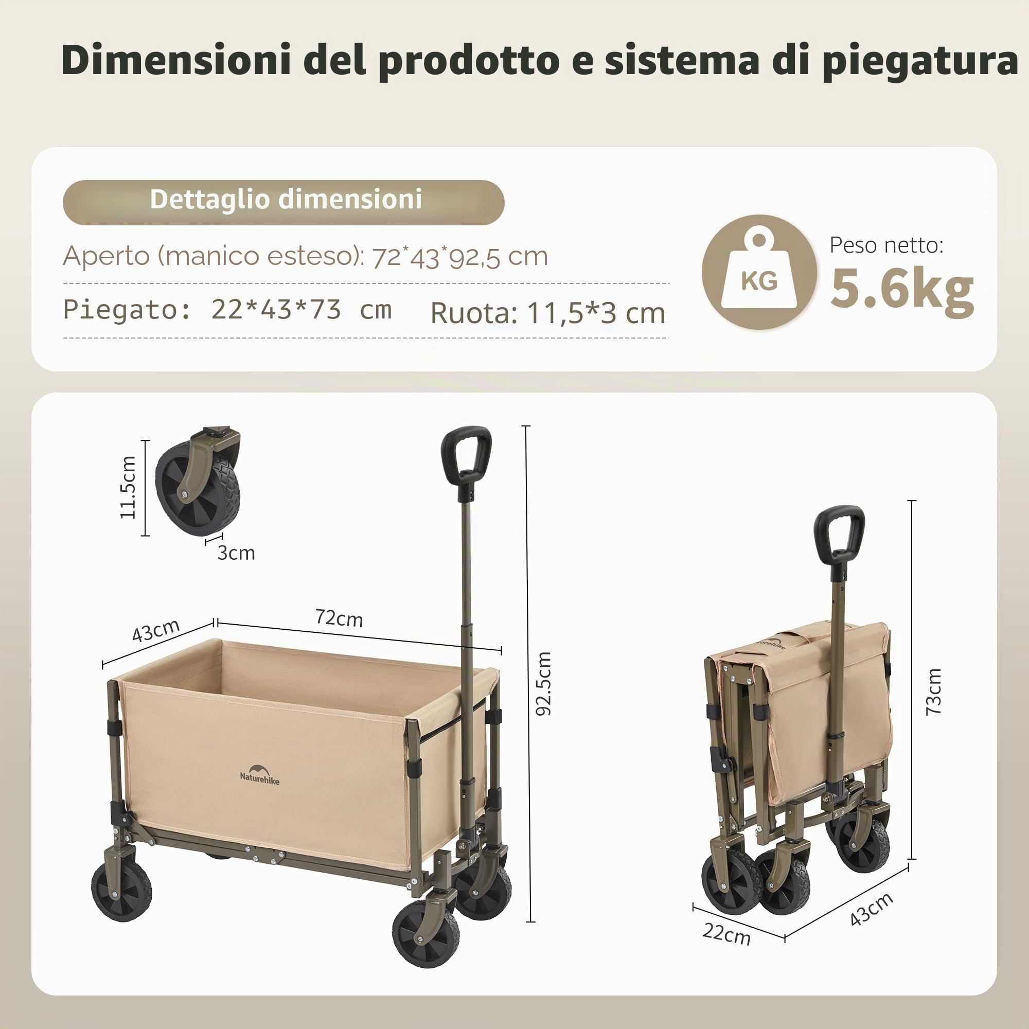 Naturehike Carrello da giardino pieghevole, carrello porta attrezzi da spiaggia adatto a tutti i terreni, con pneumatici larghi girevoli a 360 gradi, portata 120 kg, adatto per campeggio(Marrone 50L)